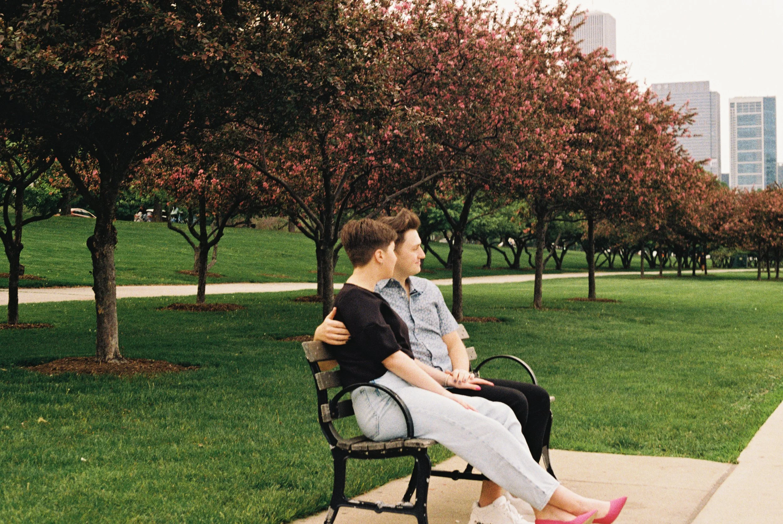 A young couple sits closely on a park bench with pink flowering trees and city buildings in the background, sharing a tender moment.