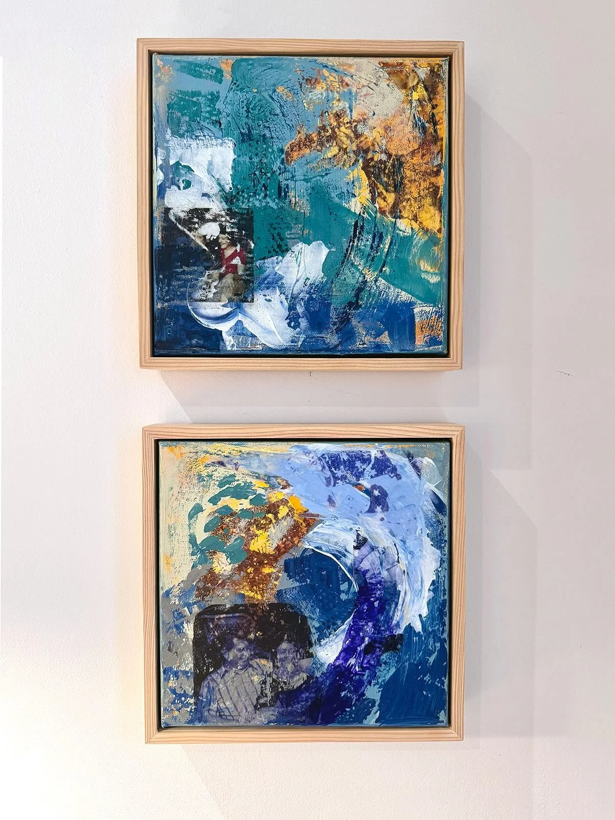 .
Blue Series No. 1, Blue Series No. 5 and Landscape No. 1 installed beautifully in their home in Brooklyn, NY. All paintings are 11 x 11 x 1.5&rdquo; mixed media on canvas in fir float frames.