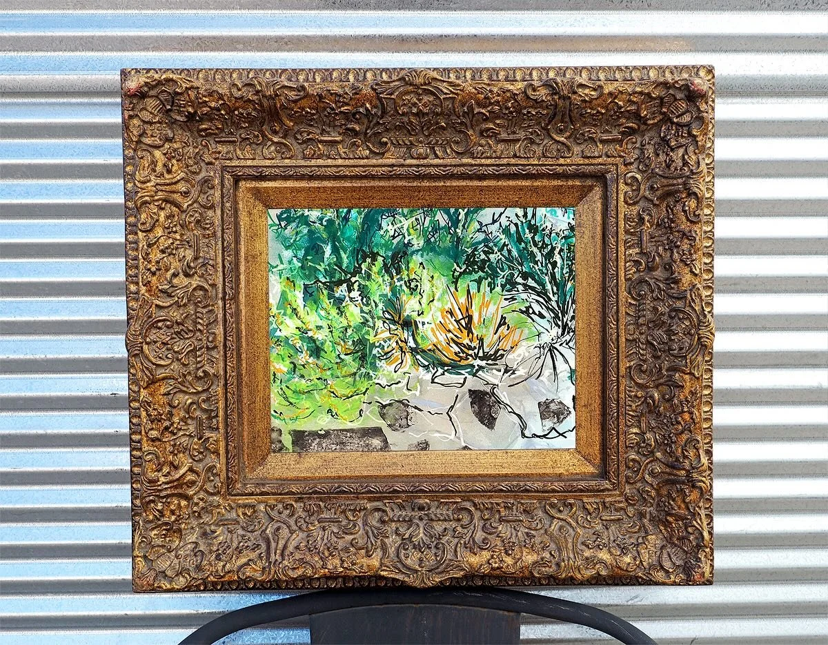 Mixed media drawings in vintage frames.... Clairefontaine vert de gris paper with an acrylic wash, Sennelier oil pastels, chalk, B&amp;W image transfers and Posca pens.