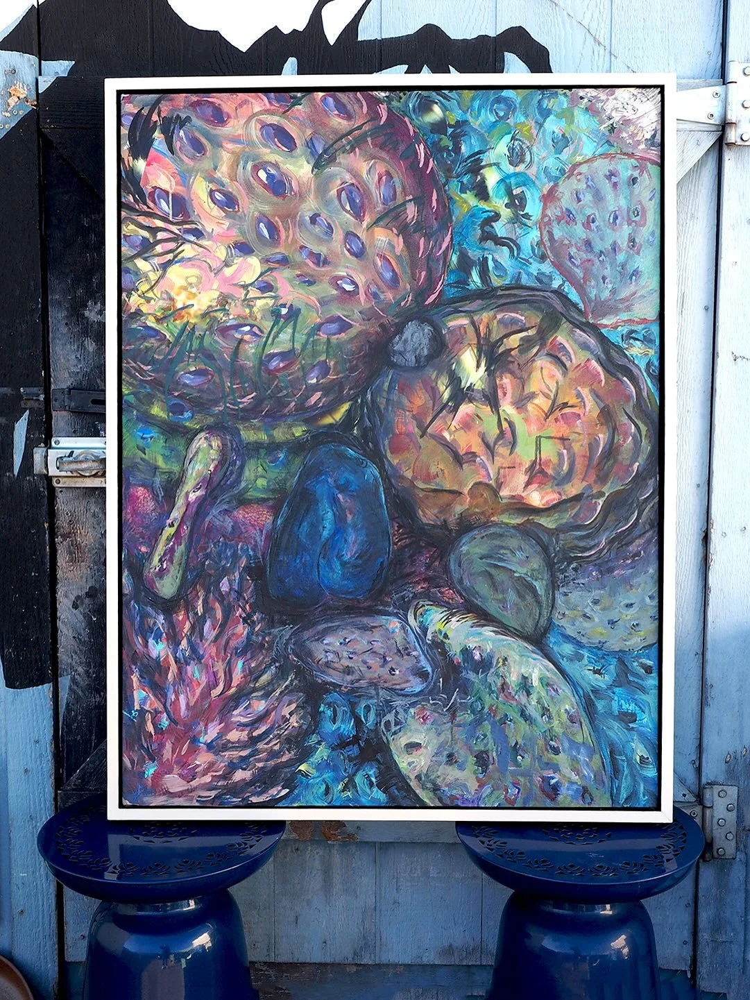 .
.
Cactus Paddles, 2025
50 x 38 x 3.5&rdquo; framed
Mixed media painting on canvas
SOLD

In this piece, I reinterpreted the colors and textures that I saw on sculptural cactus paddles with acrylic paints&mdash;heavy body to fluid, d&eacute;coupaged 