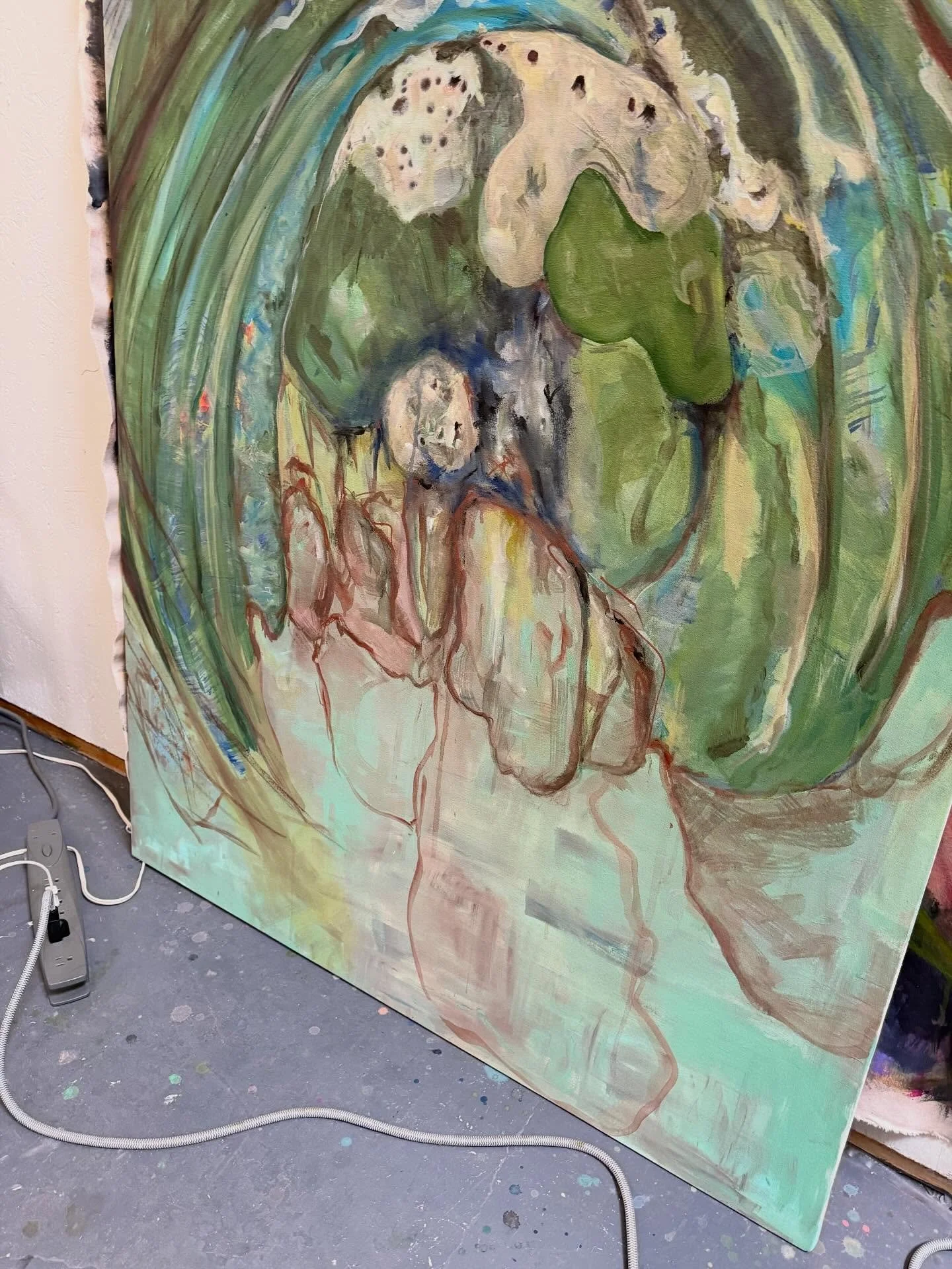 .
.
In the studio with a painting in progress.
I&rsquo;ve been particularly fascinated with leaves&hellip;.Teasing out the details on this one. It&rsquo;s leaning against another painting I&rsquo;m working on featuring huge leaves on unstretched canv