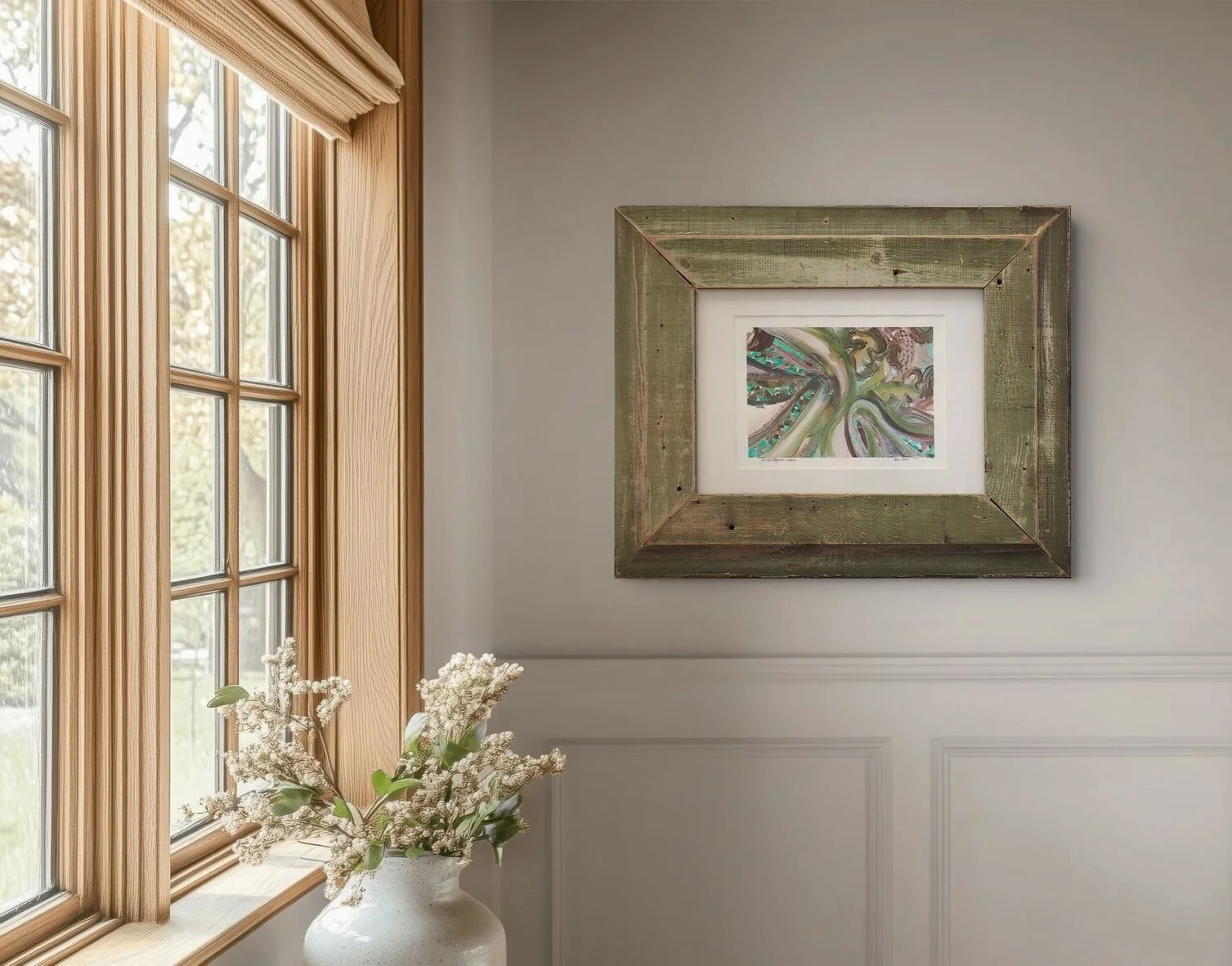 New framed work in a soft gray-green vintage frame....a daydream.

R&ecirc;verie - Regarder dedans, 2025
23.5 x 28.5 x 1&rdquo; framed
Original painting on Arches Huile paper
$1000

This painting evokes the feeling of plunging your hand into the sea,