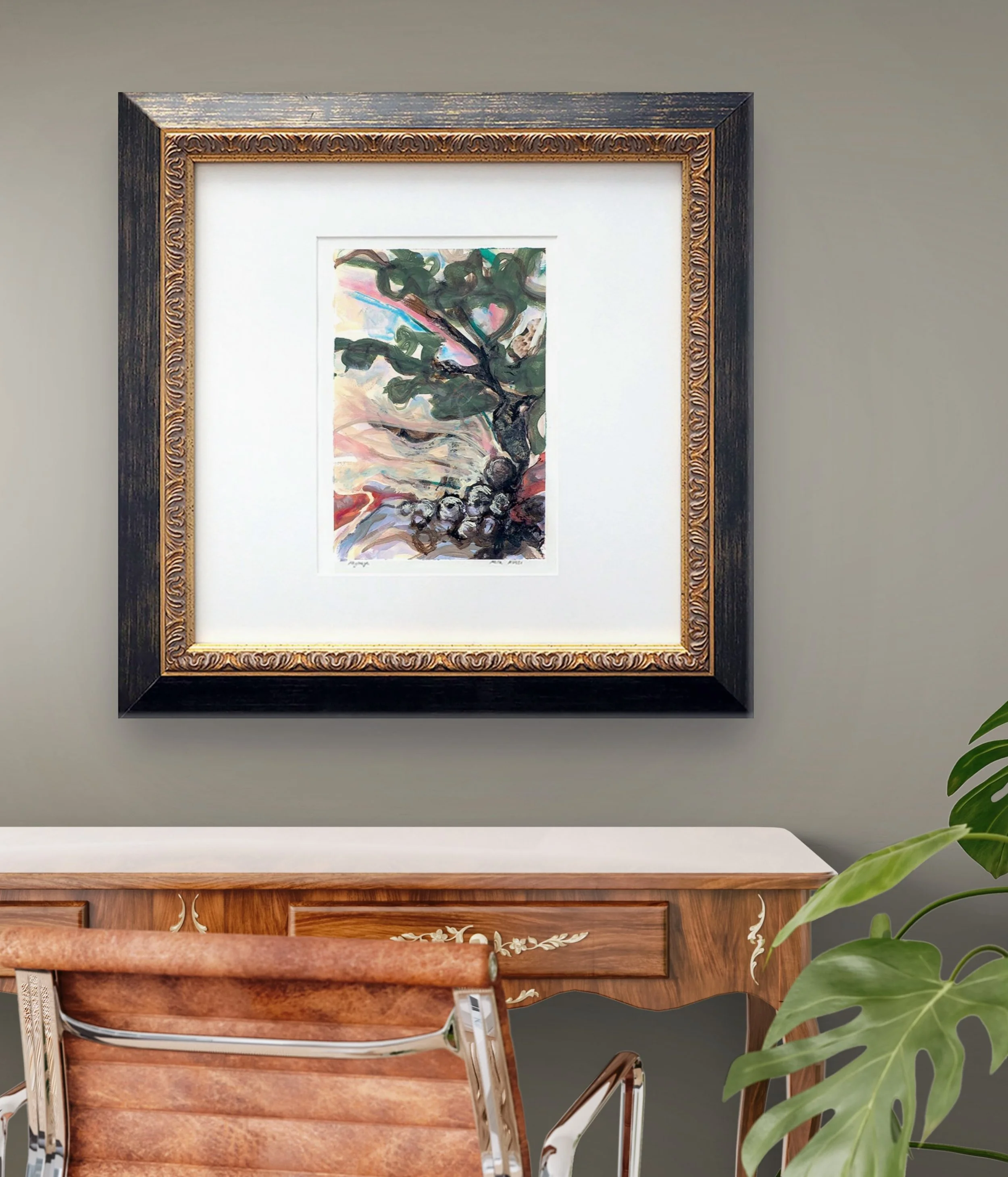 SOLD:

Paysage
25 x 25 x 1 in
Mixed Media Painting on Clairefontaine Paper of a gnarled olive tree in Provence, framed, 2025.