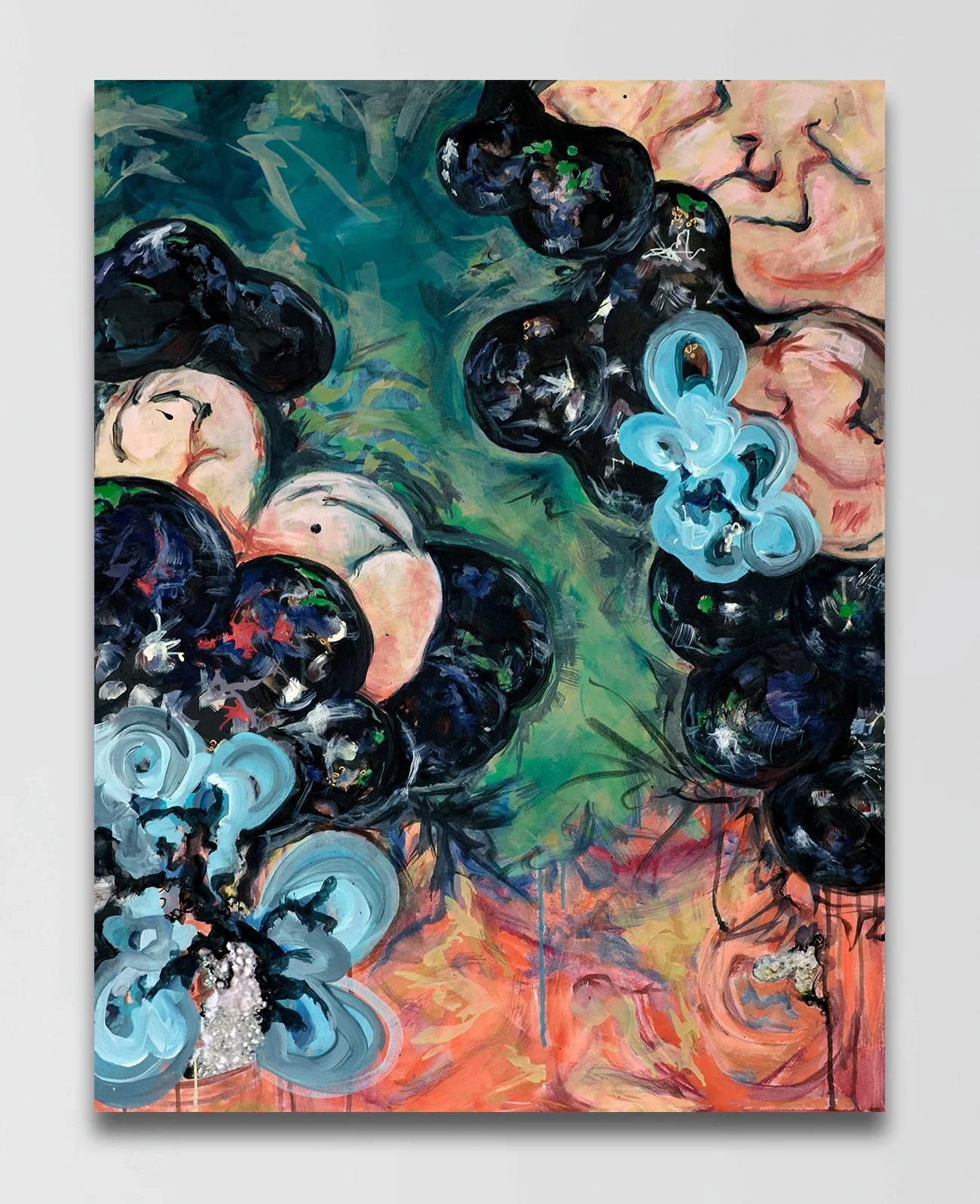 "Coral No. 2," 42 x 32" : Abstract painting with black, blue, peach, and green colors, featuring swirling forms and textured details.