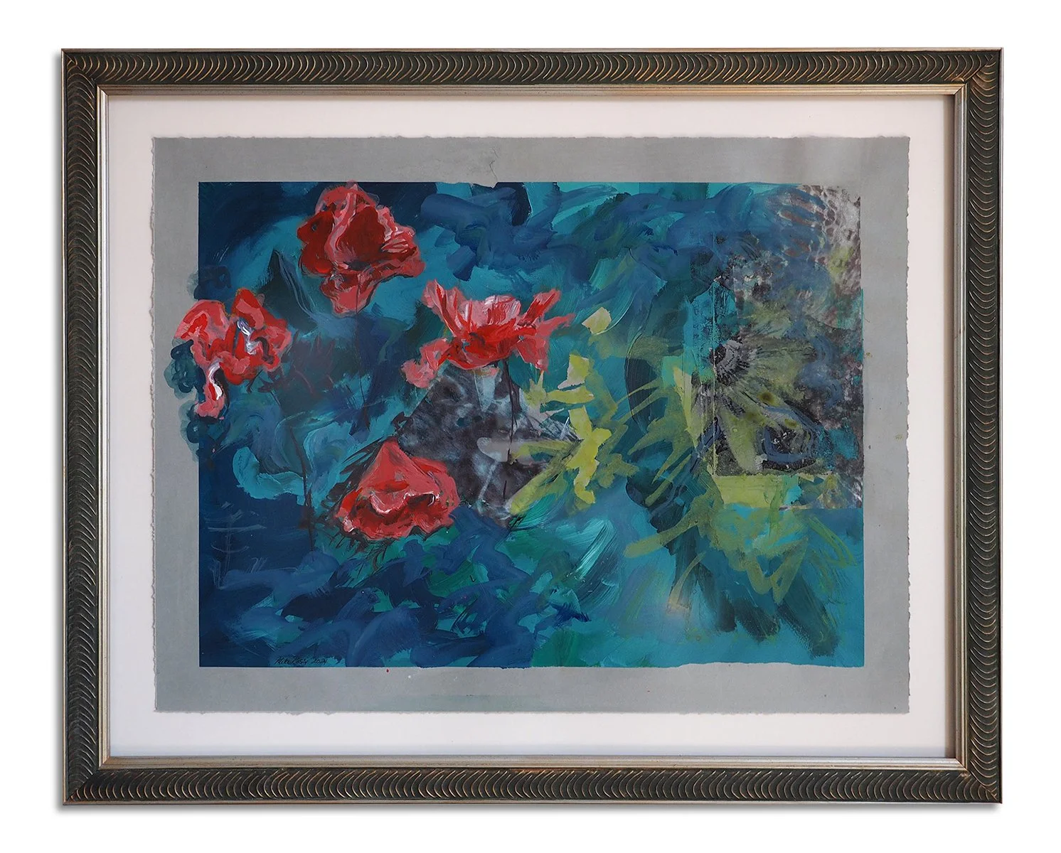 "Les Coquelicots," framed 25 x 31" : Abstract painting of red poppy flowers with green and blue in the background in a decorative frame.