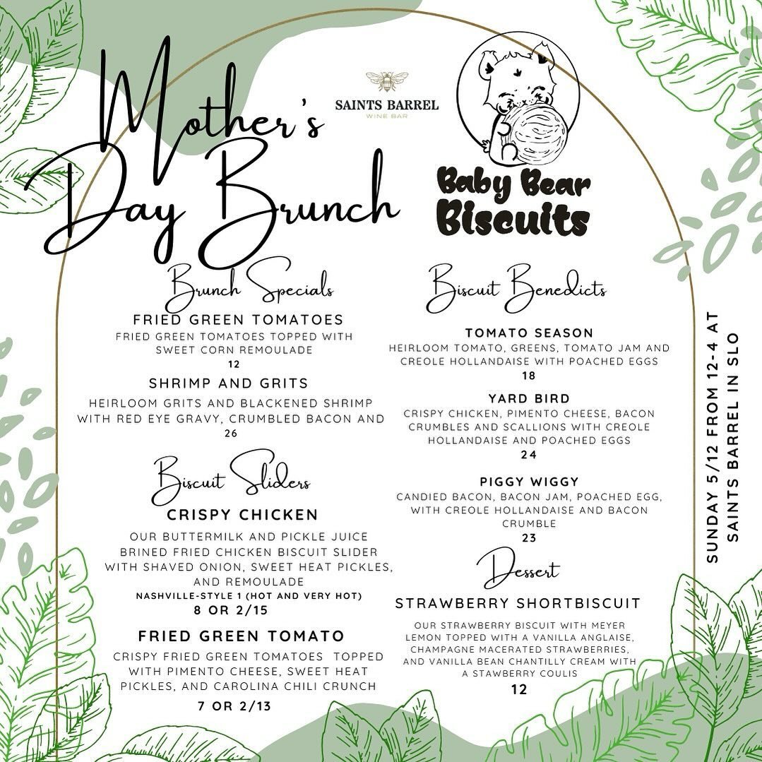 We are going to have a rocking good time this Sunday celebrating moms this Mother&rsquo;s Day at @saintsbarrelslo ! It&rsquo;s a southern style brunch cooked up on the back patio and it&rsquo;s all going down from 11-3. Get a sampling of the kind of 