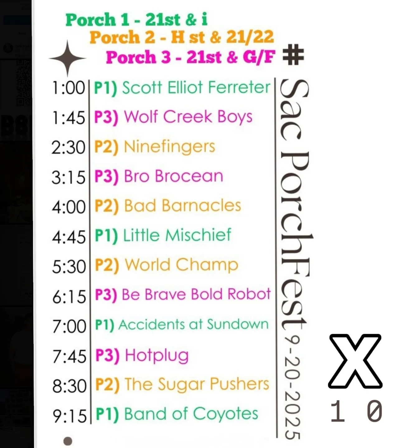 The who, what, when&rsquo;s, &amp; where&rsquo;s of Sac PorchFest!

There are 3 stages aka porches:
Porch 1 - 21 st x i 
Porch 2 - H st x 21/22
Porch 3 - 21 st x G/F

&hellip;You&rsquo;ll see and hear it :)

Bring some cash or Venmo for Mustard Seed 