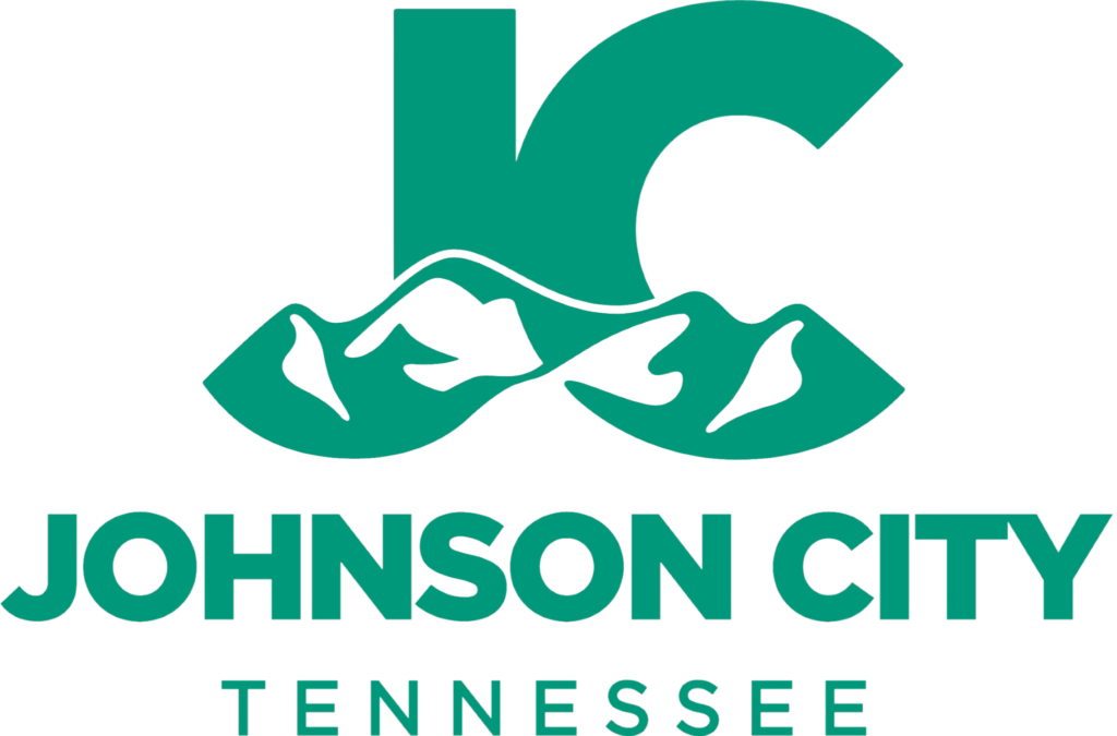 Logo for Johnson City, Tennessee featuring a mountain range and mountains in teal above the city name.