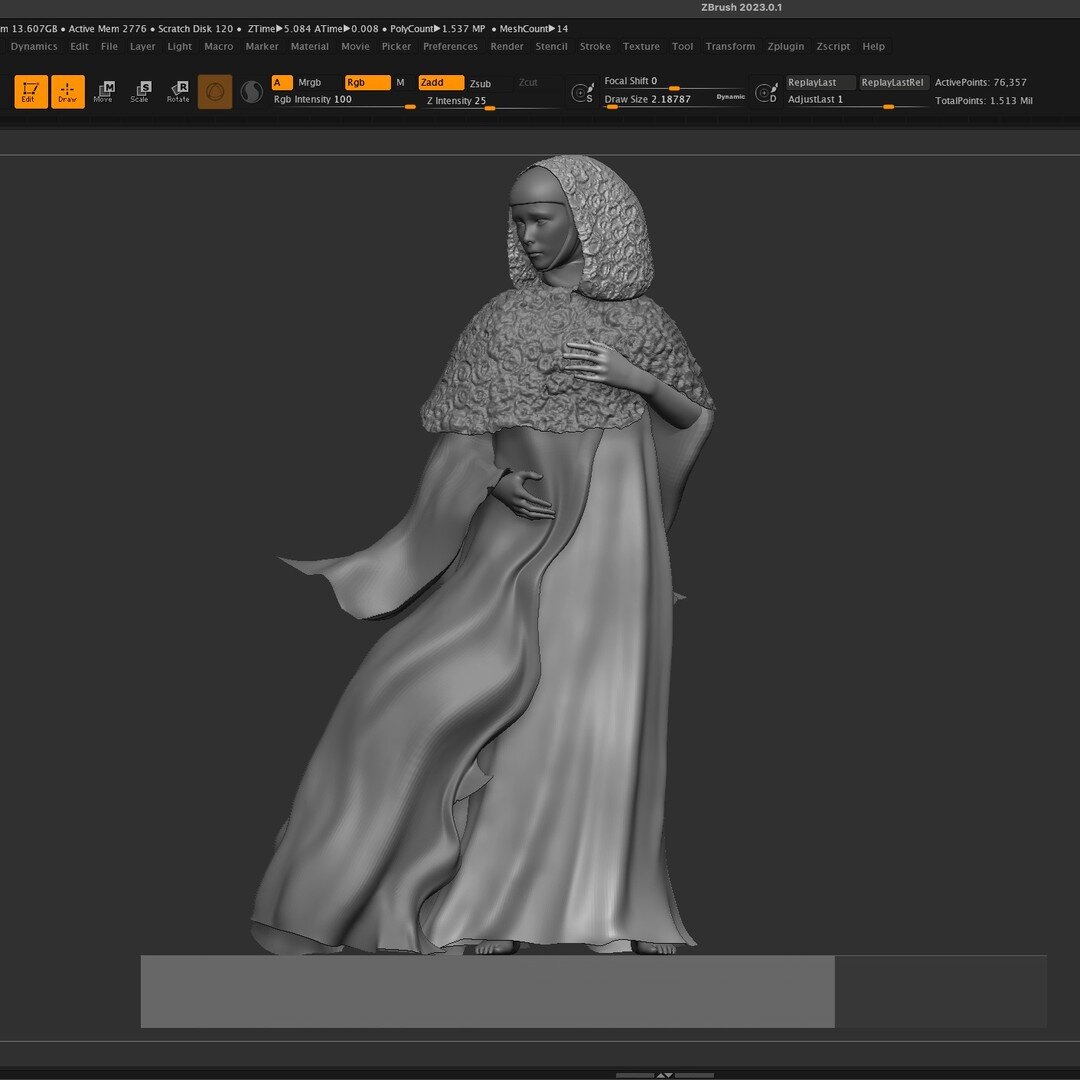 Work in progress: I'm starting to get the hang of this! They are printing well too on the 3d printer. Hard to believe but each piece of her robes started out as a simple polygon - a cone, a sphere or a cylinder. This is has gone from incredibly painf