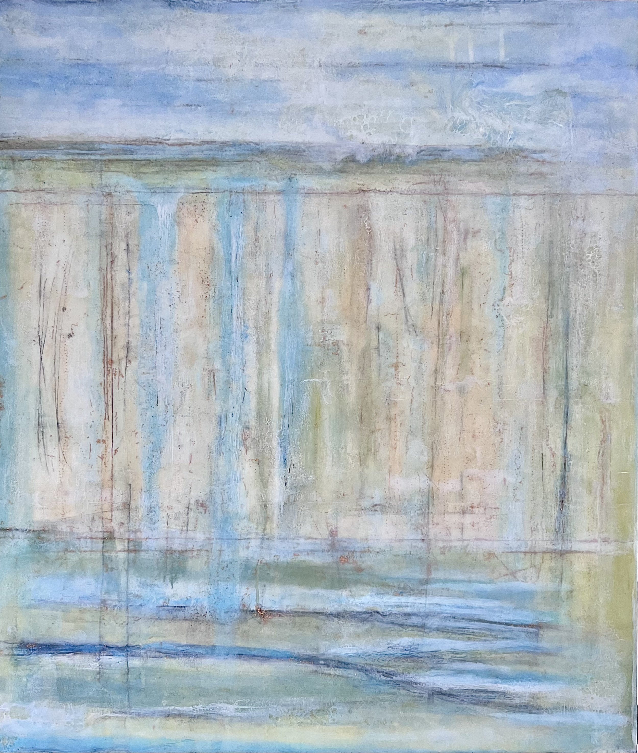 Deanne Palmer_Drift & Fall II_70 x 60 cm_Encaustic_Ble Mountains escarpment art