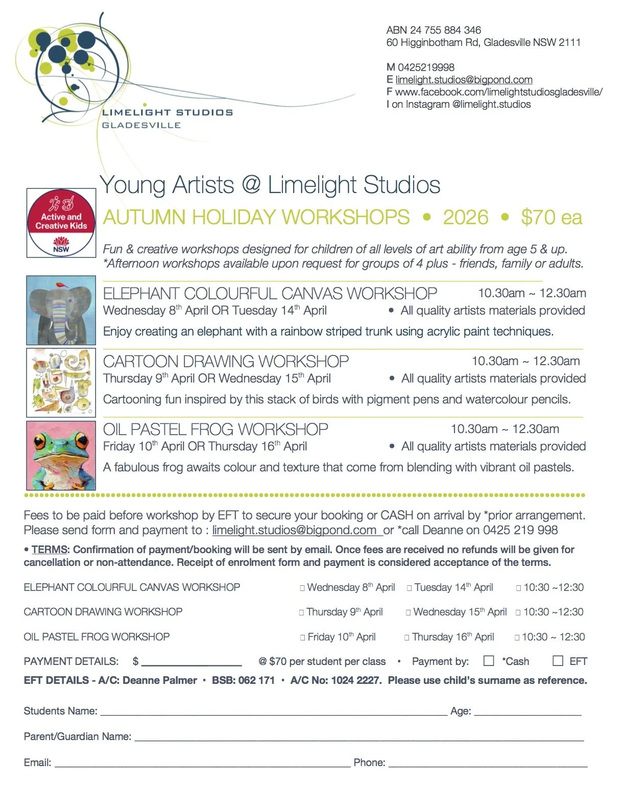 Art workshop enrolment form _Limelight Studios_school holidays art class