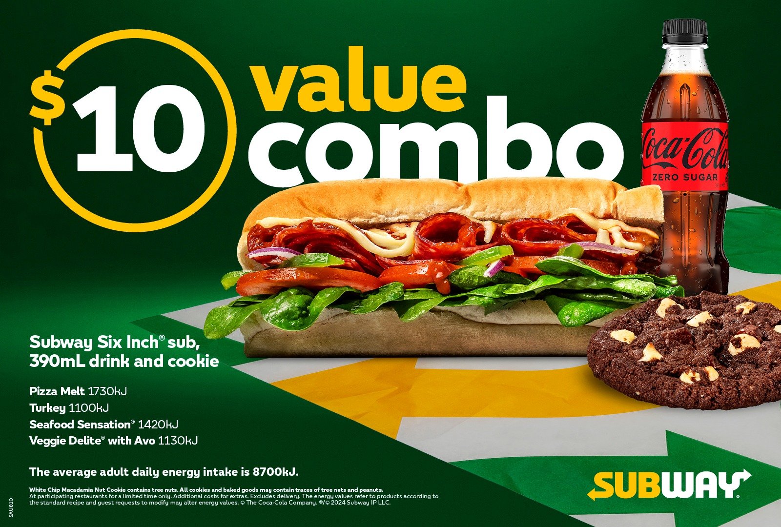 $10 Value Combo! Yes, please! 

Value never looked so good! You can now enjoy a freshly made 6-inch sub, 390mL drink and a delicious cookie, all for just $10 at Subway&reg;. Order now on the Subway&reg; app today.  #Value #Combo #SubwayAustralia