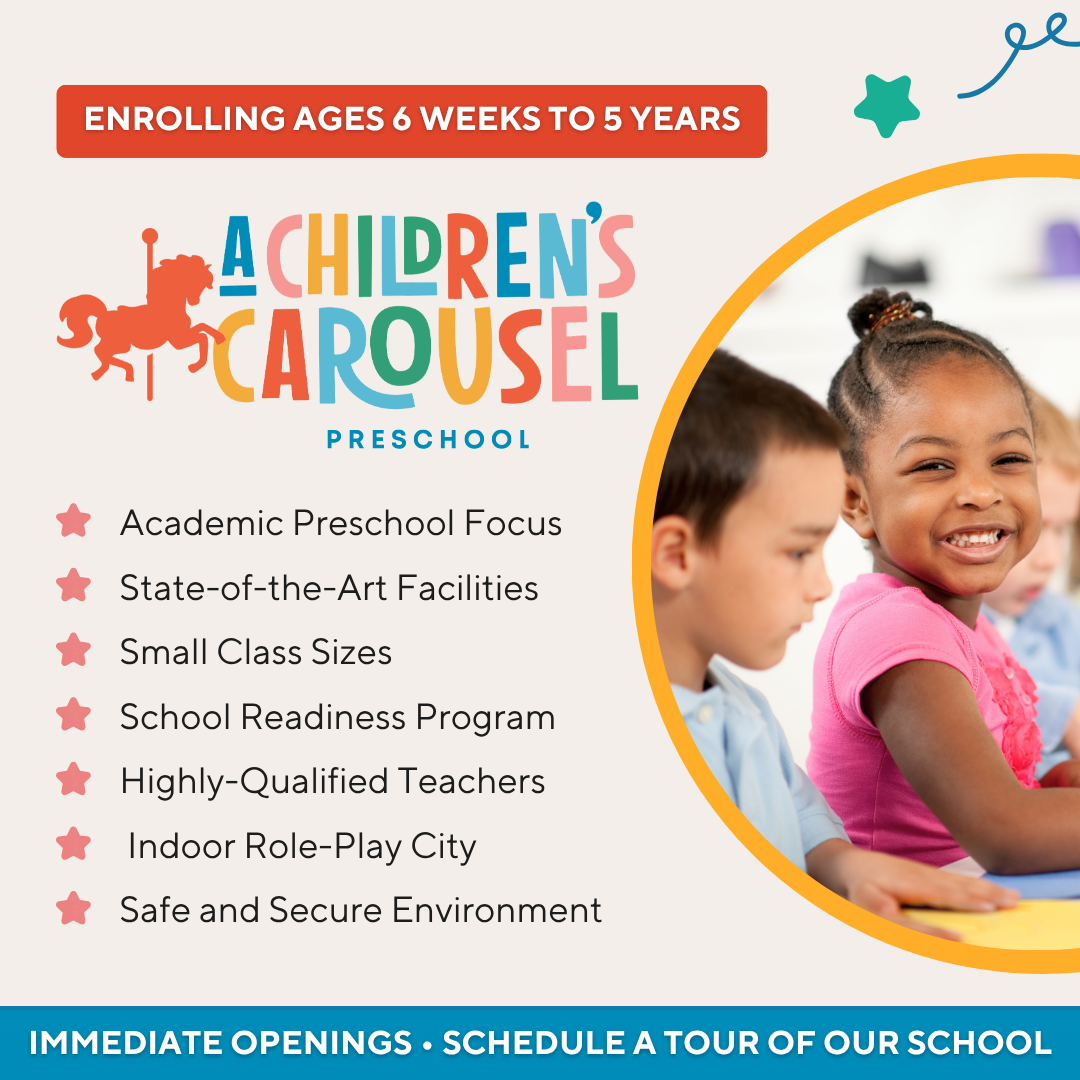 A flyer promoting preschool enrollment for children aged 6 weeks to 5 years, showcasing features such as small class sizes, qualified teachers, and a safe environment. The flyer includes a photo of smiling young children and colorful design elements.