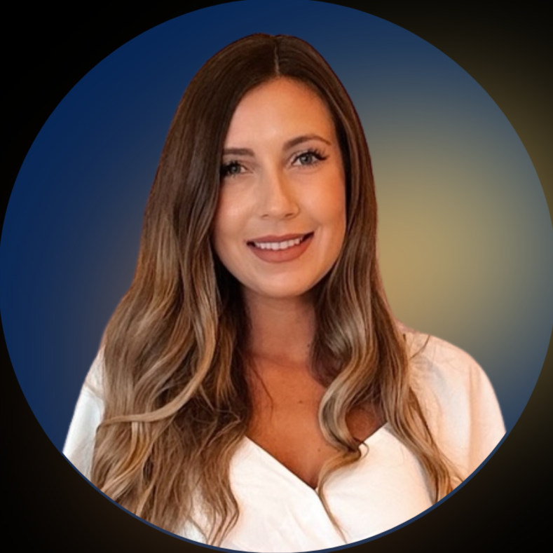 A woman with long, wavy brown hair, smiling, wearing a white top, with a dark blue and beige gradient background.