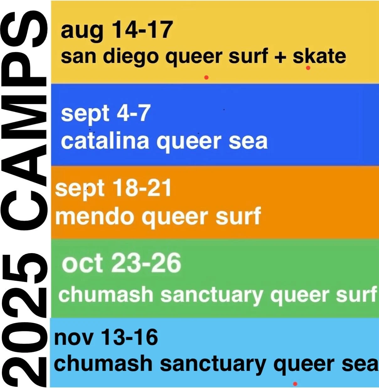 our 2025 queer coastal access camps for non binary, transgender and queer adults! 

MENDO registration opens july 15 at 6pm 

SAN DIEGO registration open now at link in bio 

Registrations will start 2-3 months before camp. 

build your ocean recreat