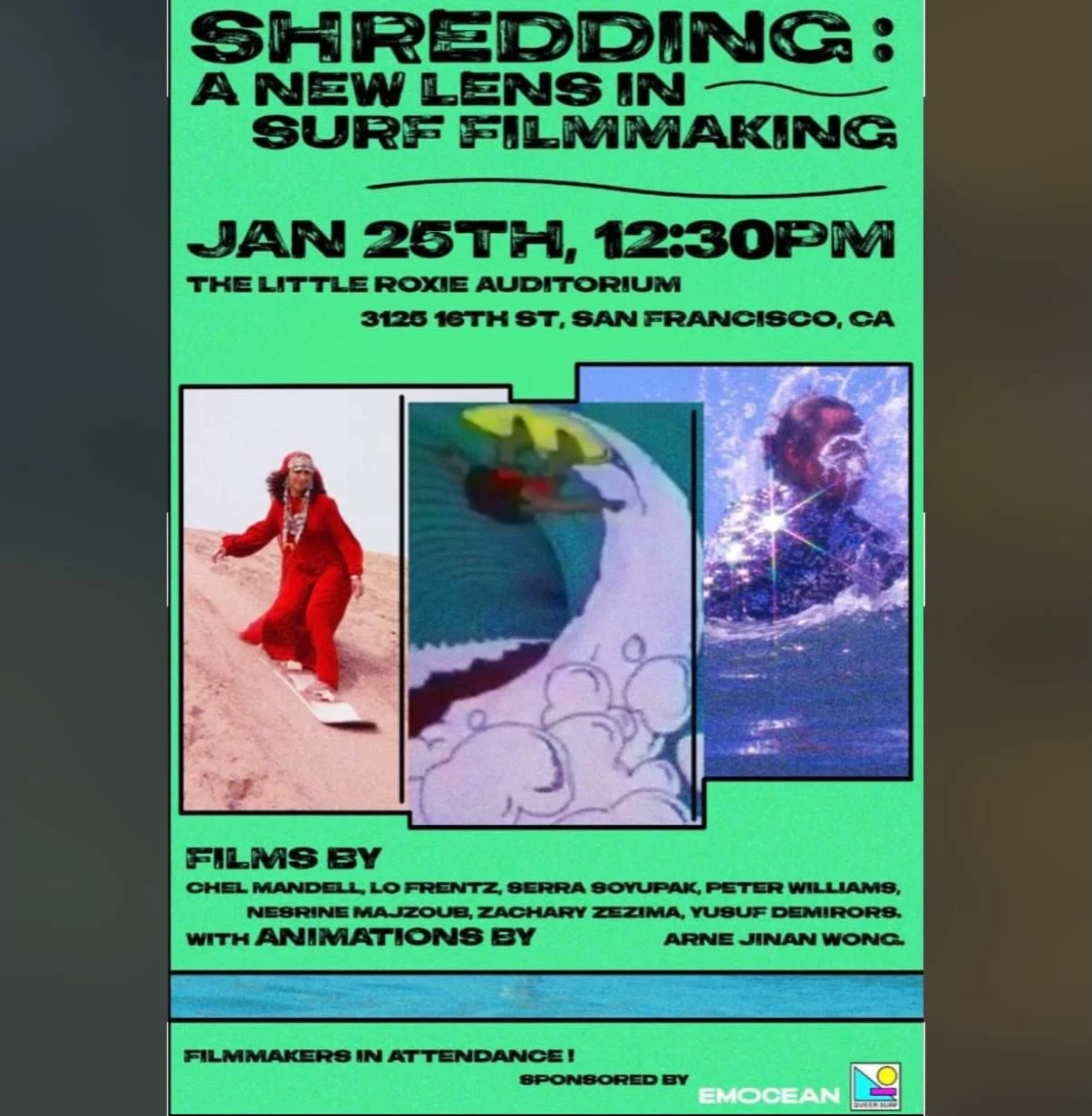 join us for 
SHREDDING: A New Lens in Surf Filmmaking
Surf Film Series 
Sun Jan 25th, 12:30pm @roxie_theater at the Little Roxie in San Francisco. 
come watch, connect + get inspired to keep pushing✊