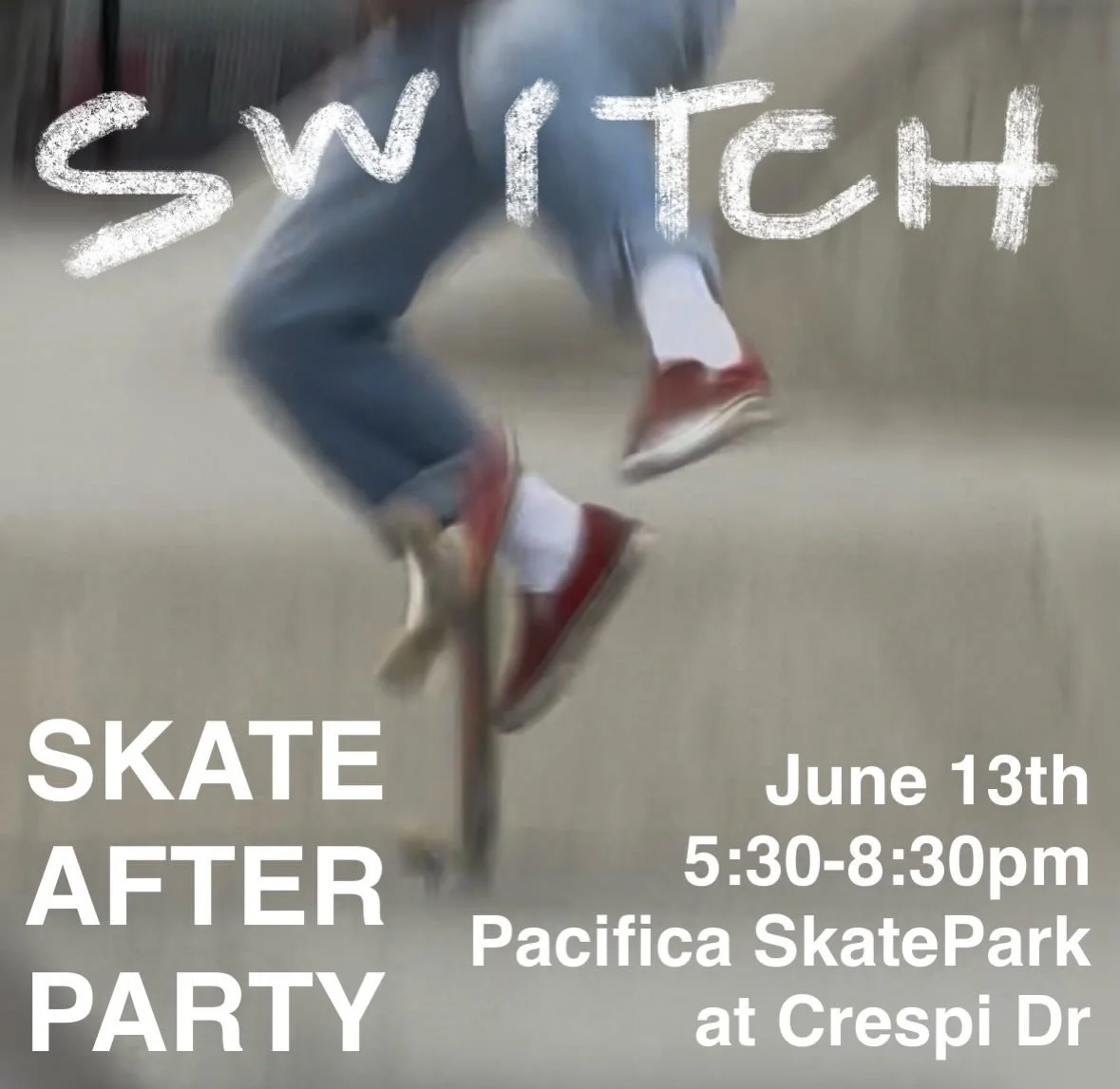 SWITCH QUEER SKATE AFTER PARTY 

WHERE: Pacifica SkatePark at Crespi Drive 

WHEN: Saturday June 13th, 5:30-8:30pm 

WHAT: Free for all skate sesh- skate party lines, skate limbo, tricks, tacos

WHO: skaters of all levels welcome, BYO skate gear. Mus