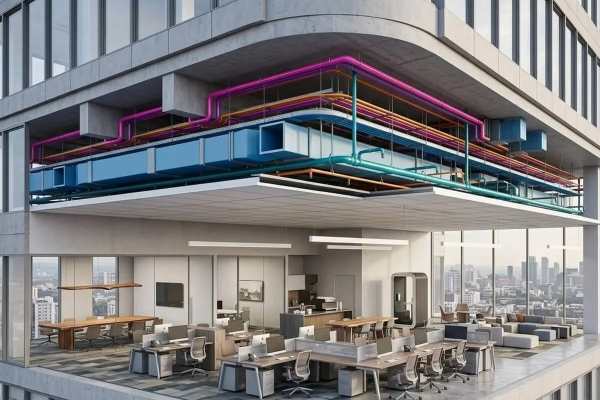 BIM model showing coordinated HVAC, electrical, and plumbing systems