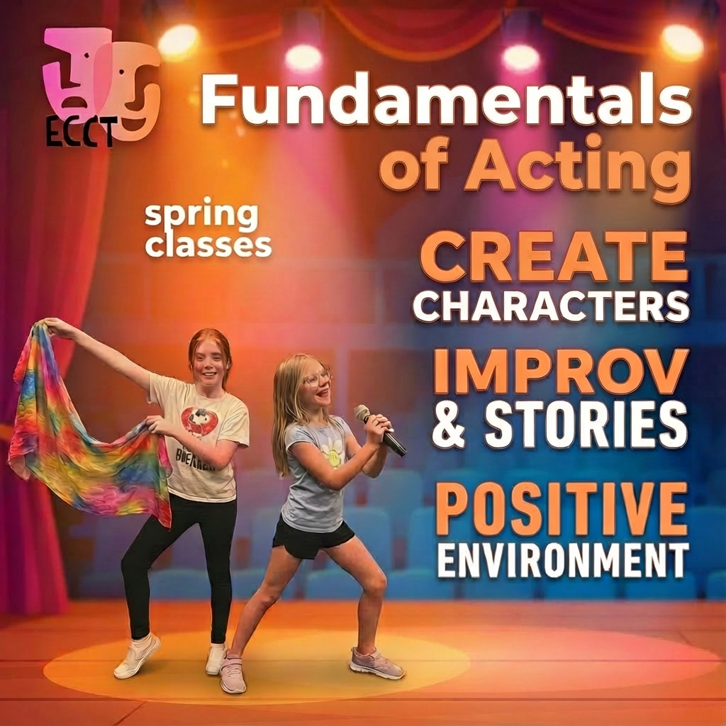 Poster advertising spring drama classes with two young girls performing on stage, one holding a colorful scarf and the other holding a microphone, with text highlighting acting fundamentals, creating characters, improv stories, and a positive environment.