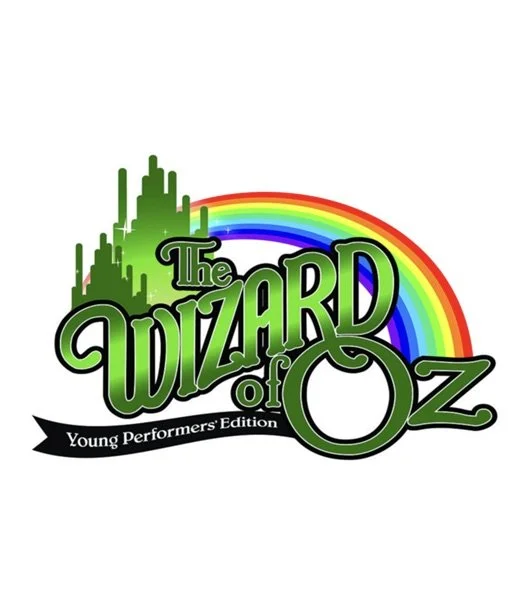 Logo for the Youth Theatre production of The Wizard of Oz, Young Performers Edition, featuring a green cityscape, a rainbow, and stylized text.