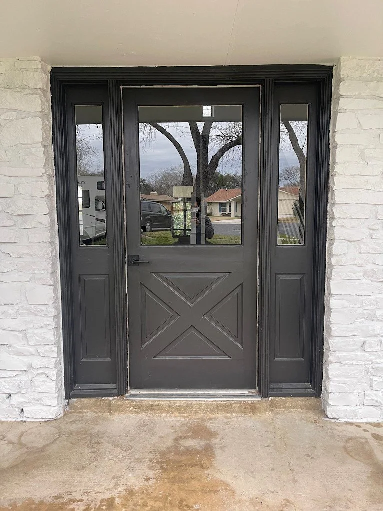 Clear single pane laminated tempered black entry door glass replacement in San Antonio, Texas