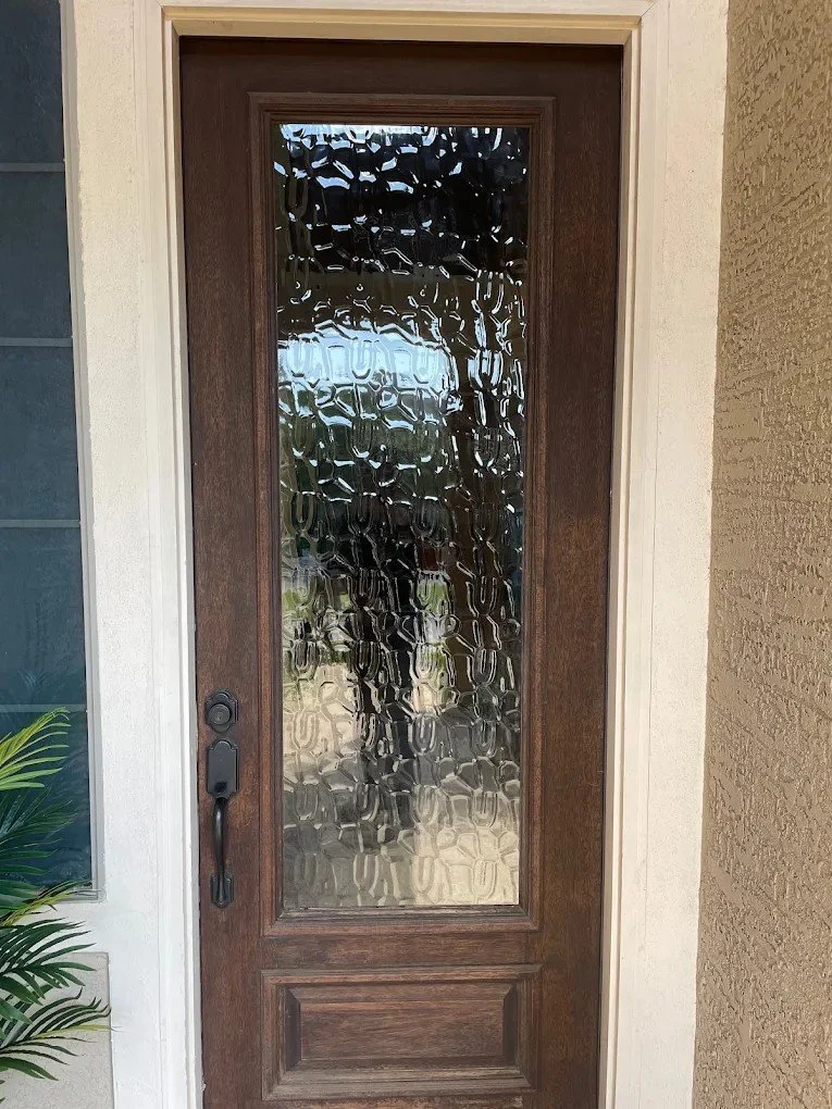 Tempered flemished designer pattern door glass replacement in San Antonio, Texas