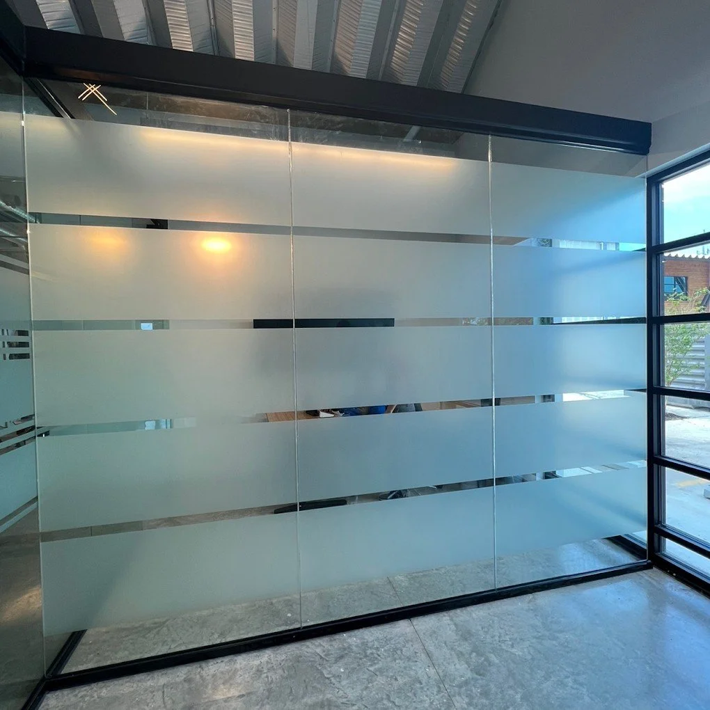 Frosted interior glass office partitions installation in San Antonio, Texas