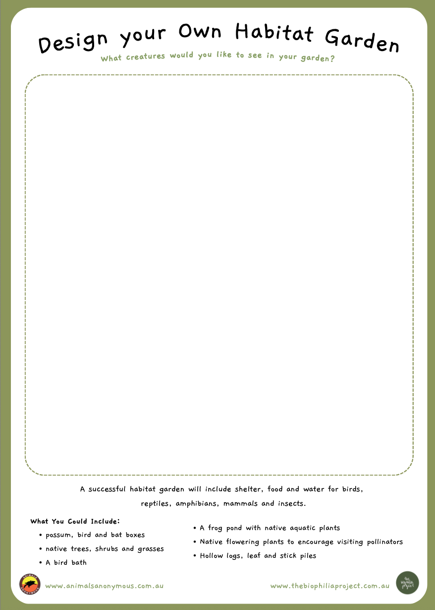 A worksheet titled 'Design your Own Habitat Garden' with space for drawing, and suggestions for habitat elements such as bird boxes, native plants, frog pond, and hollow logs.