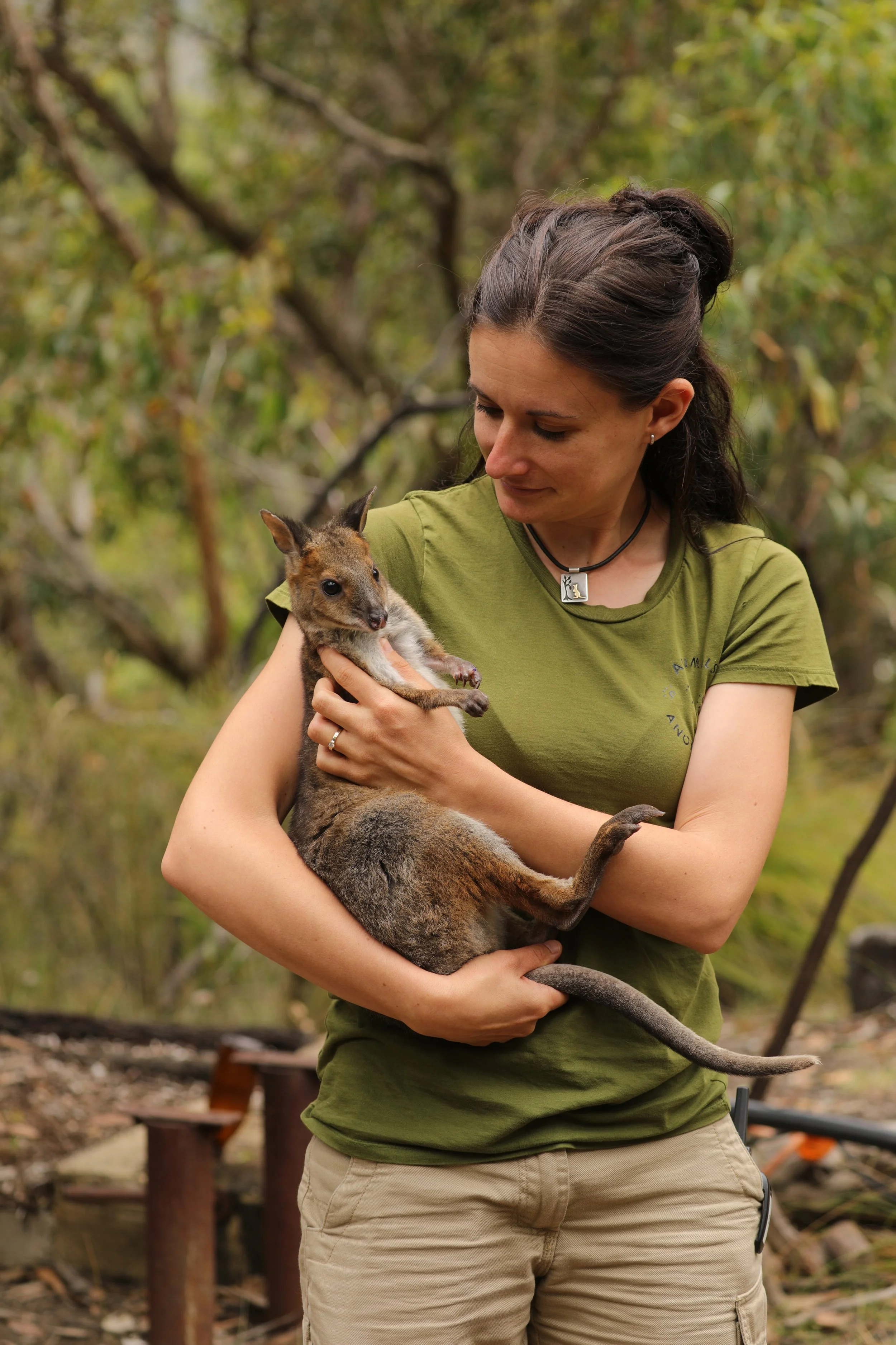 Woman in green t-shirt holding a small pademelon joey outdoors with trees in the background.