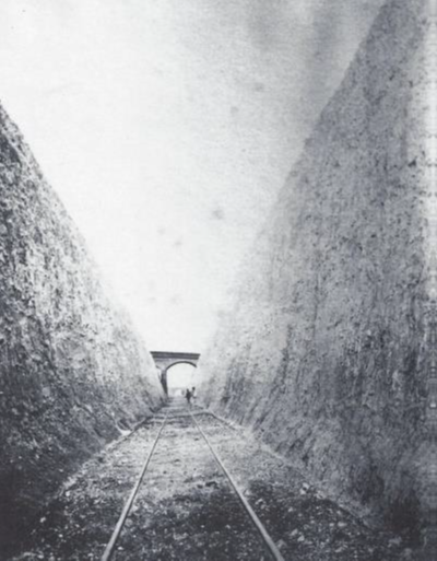  Lovedon Lane bridge showing the deep cutting required through the chalk c1865. Now a grassy park called Broadview 