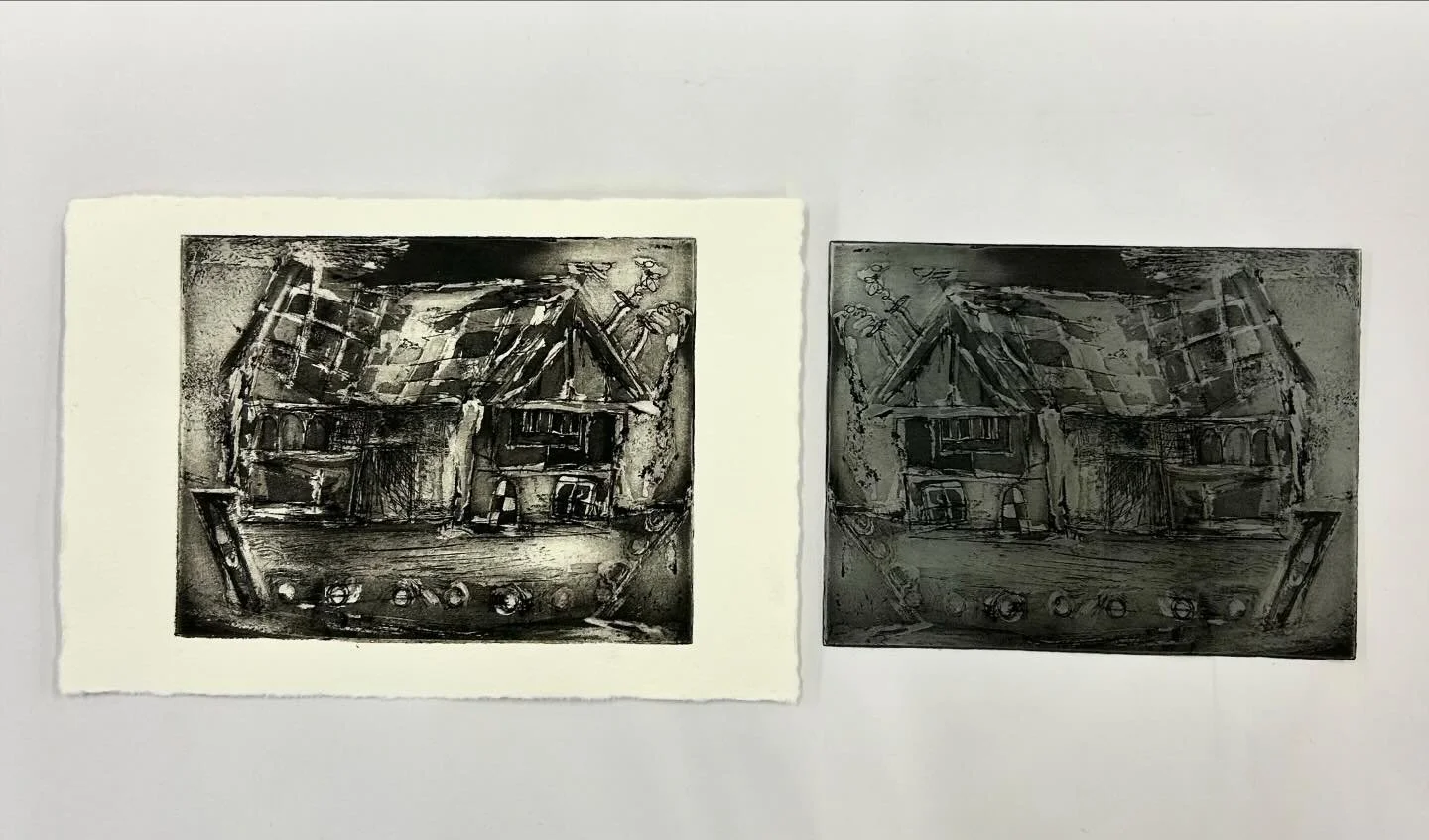 Tudor Houseboat, [5th state, May &lsquo;24].

I&rsquo;ve thrown everything at this: soft ground, aquatint, scraper, sandpaper, then hard ground, burin, more aquatints and more to go&hellip;

#etching #intaglio #tudor #boat #houseboat #printmaking #aq