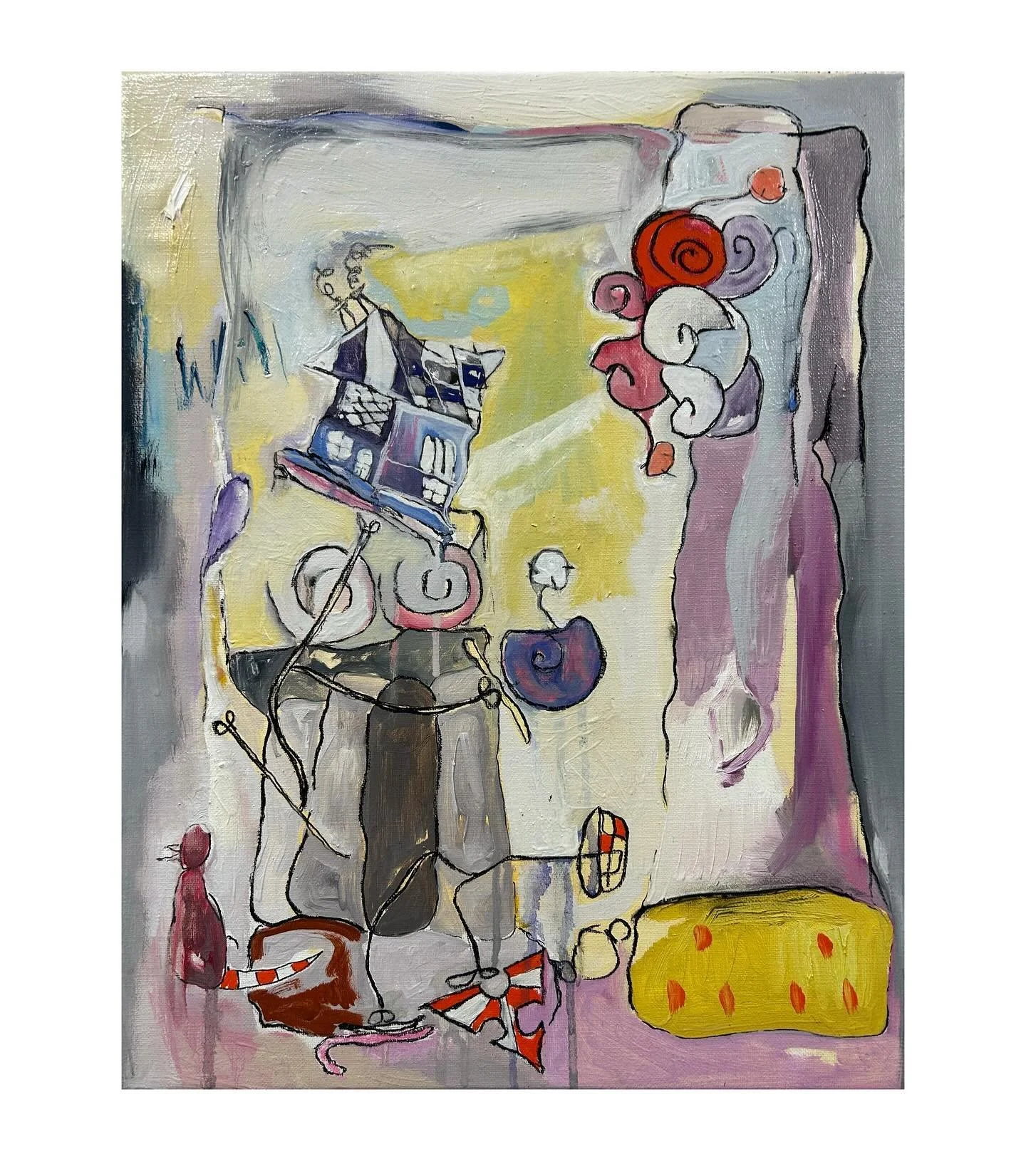 Rising Curve [Oil and mixed media on linen]. 

Refers to a line in Dylan&rsquo;s &lsquo;Born in Time&rsquo; that had been on repeat last summer, evolving into this childish number a year later. I associated that song with fading mental images of cumu