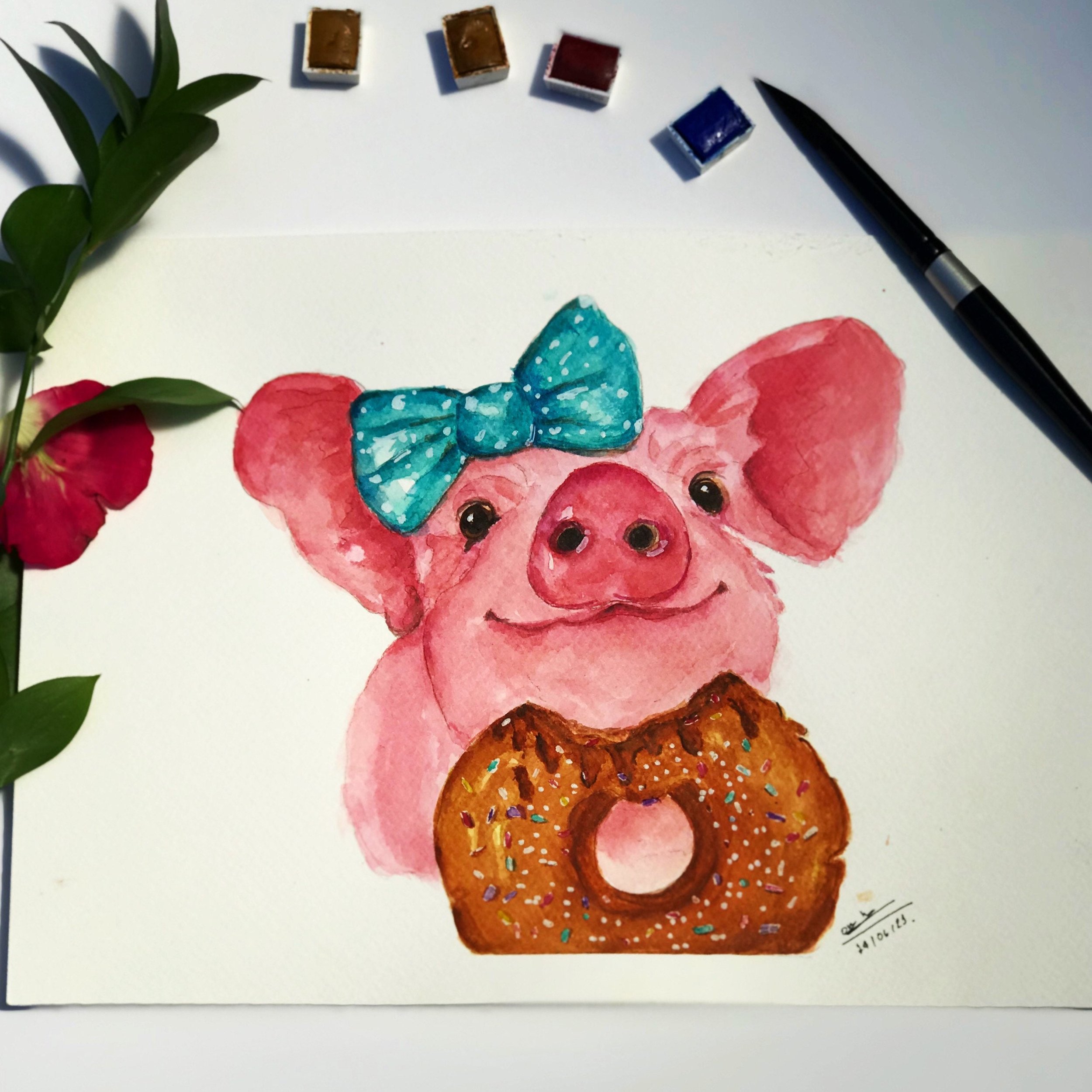 Original hand painted pig and donut