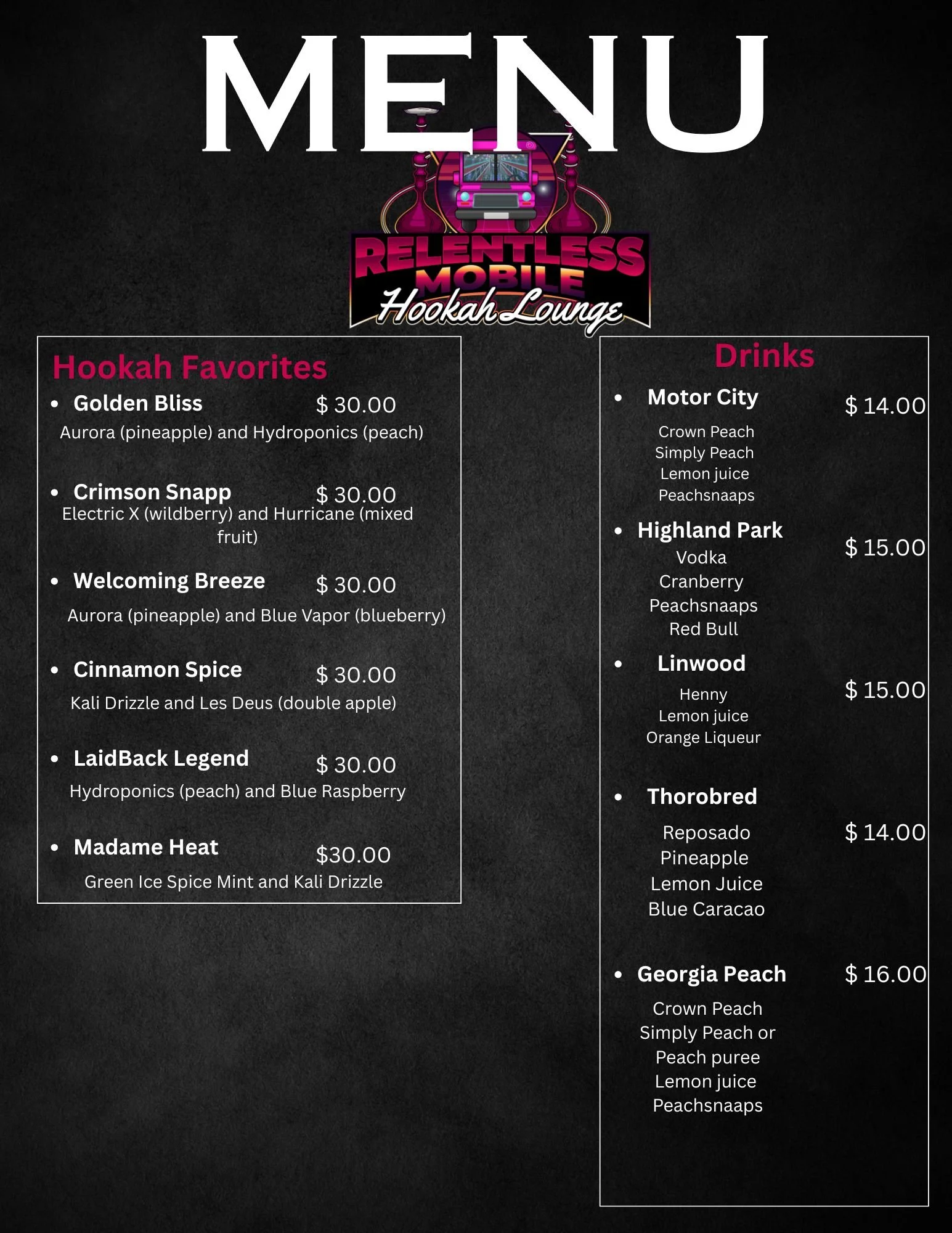 Relentless Menu Appointments 2 — Relentless Party Bus