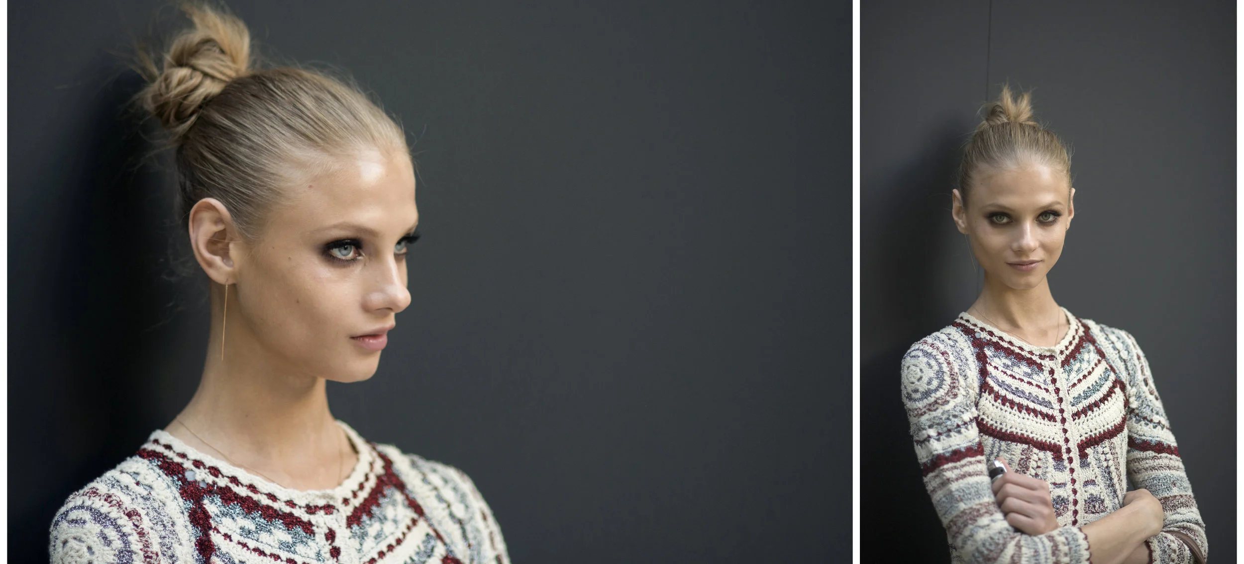 A woman with blonde hair in a bun wearing a patterned sweater, standing against a dark wall, shown in two different poses.