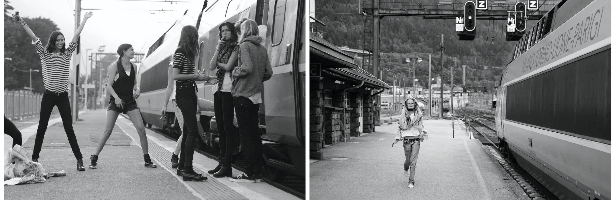 The left side shows a group of young women, some sitting or lying on the train platform, one raising their arms, and others waiting to board a train. The right side shows a woman walking alone on the train platform near a departing train, with a mountainous background.