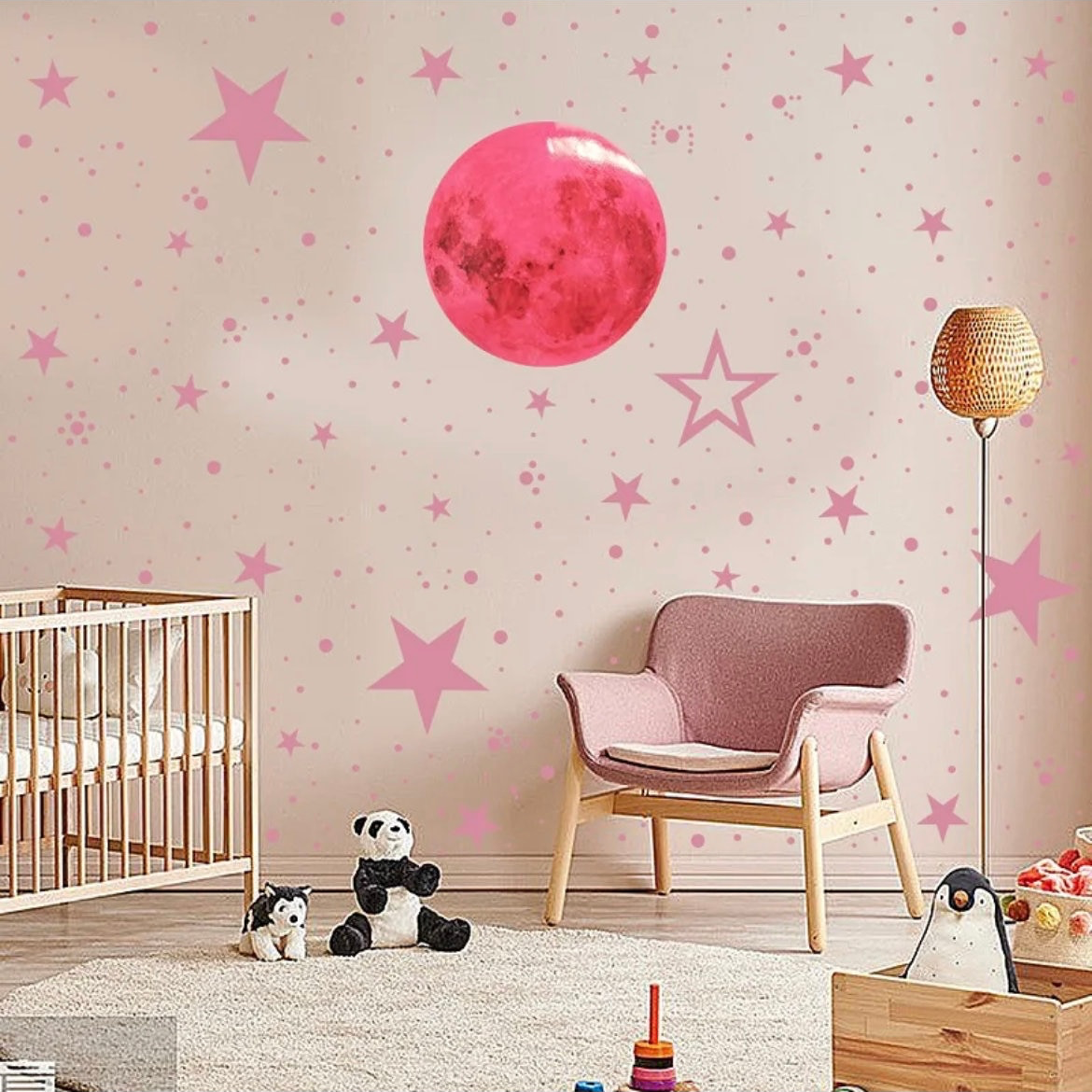 Pink Moon & Stars Glow In The Dark Wall Stickers for Kids Rooms, Home Decor, Bedroom, Nursery Art luminous 435 Stickers. Create your space