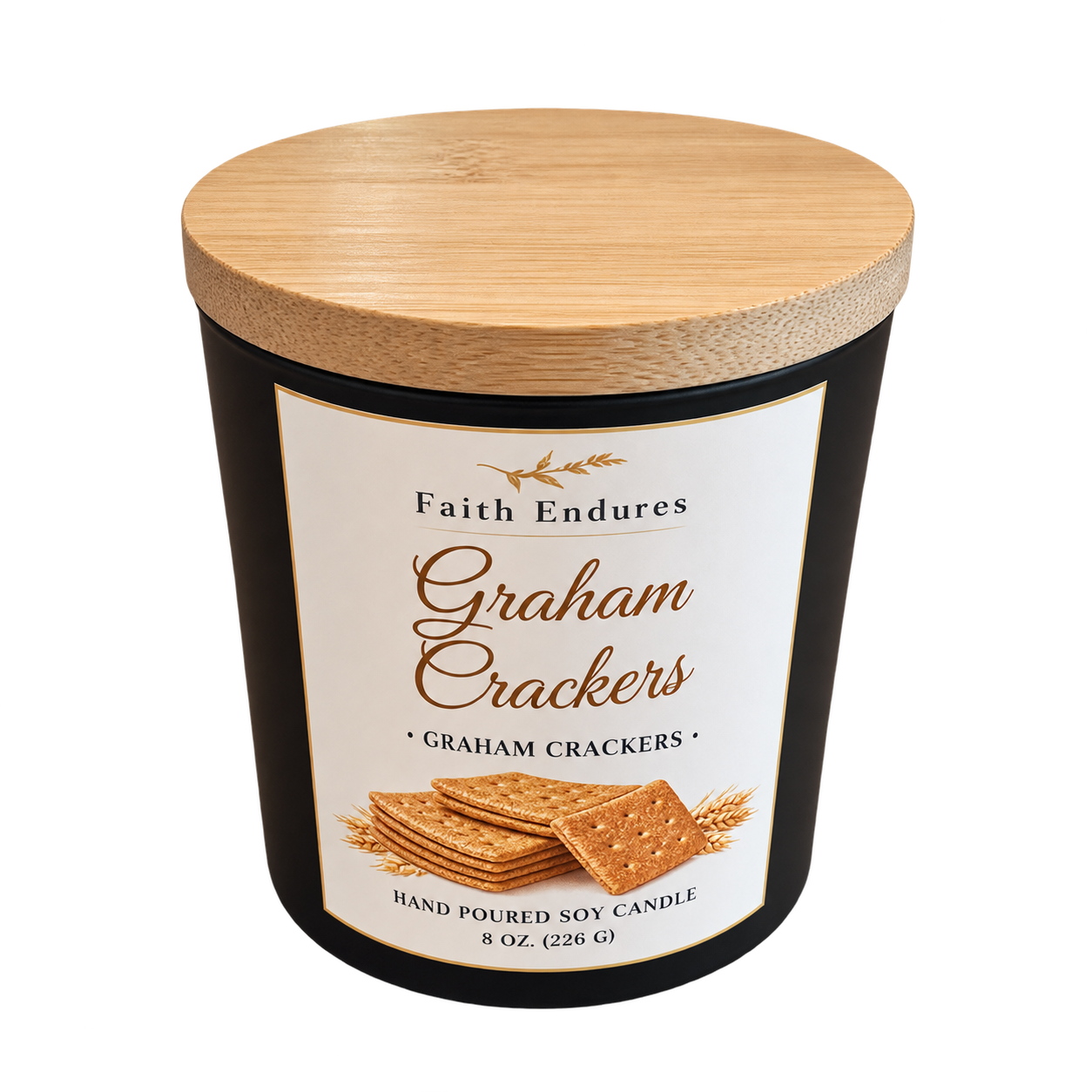 A black candle jar with a wooden lid, labeled 'Faith Endures Graham Crackers,' featuring an illustration of graham crackers and wheat, indicating it is a scented candle.