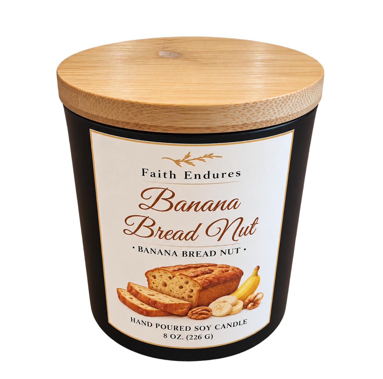 A black soy candle with a wooden lid labeled 'Faith Endures Banana Bread Nut,' featuring images of banana bread, banana slices, walnuts, and a banana on the front.