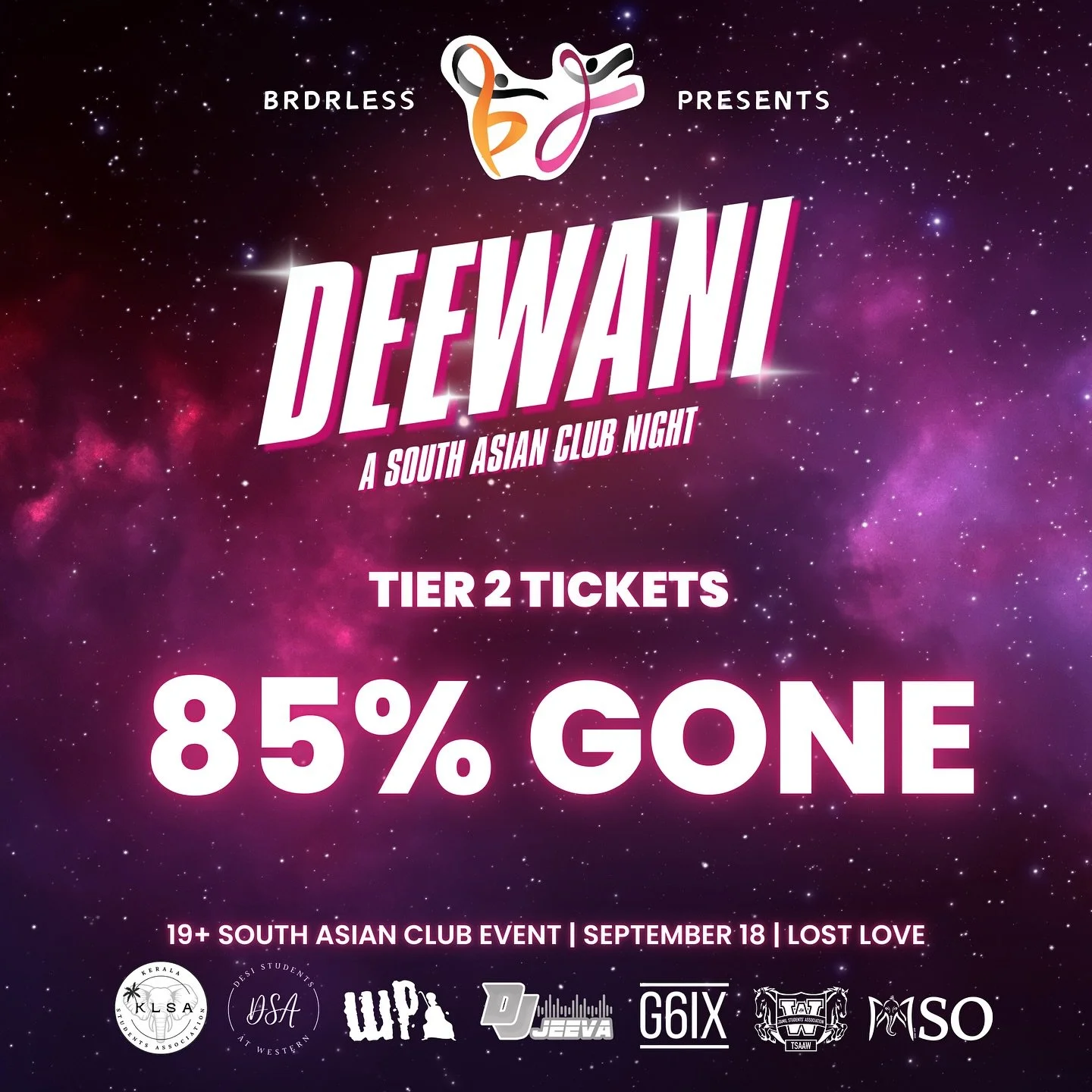 ✨DEWANI TIER 2 TICKETS 85% GONE✨
Grab before tier 3! Only a few Tier 2 left! 
BRDRLESS Dance is back at Western with the LARGEST SOUTH ASIAN CLUB NIGHT 🤩
⏰Thurs Sept 18 (10:00pm-2:00am doors close 11:00pm)
📍 Lost Love Social House, 153 Carling S
