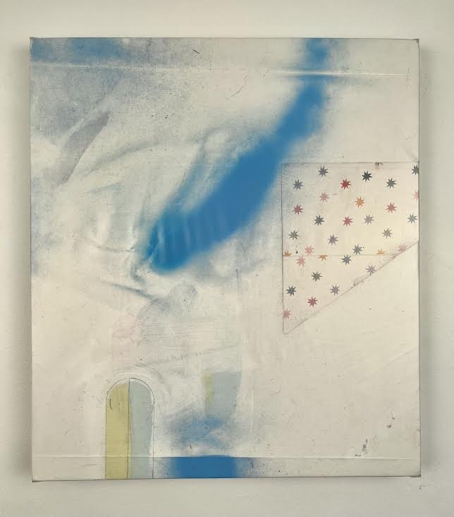 I Wrote This Song Myself, 2023. Mixed media and collage on canvas and stretched PEVA. 19 x 17 in.