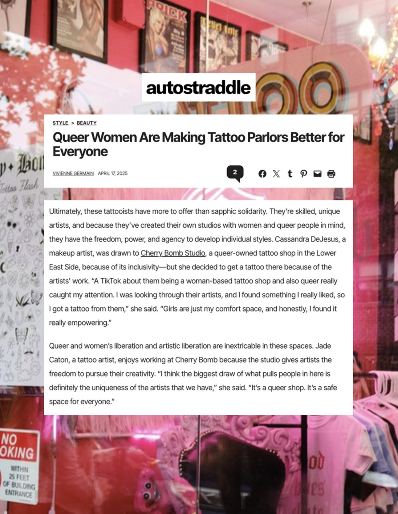 An article titled 'Queer Women Are Making Tattoo Parlors Better for Everyone' from Autostraddle, dated April 17, 2025, is shown over a pink-tinted tattoo shop interior with framed magazine covers on the wall and a 'No Smoking' sign.