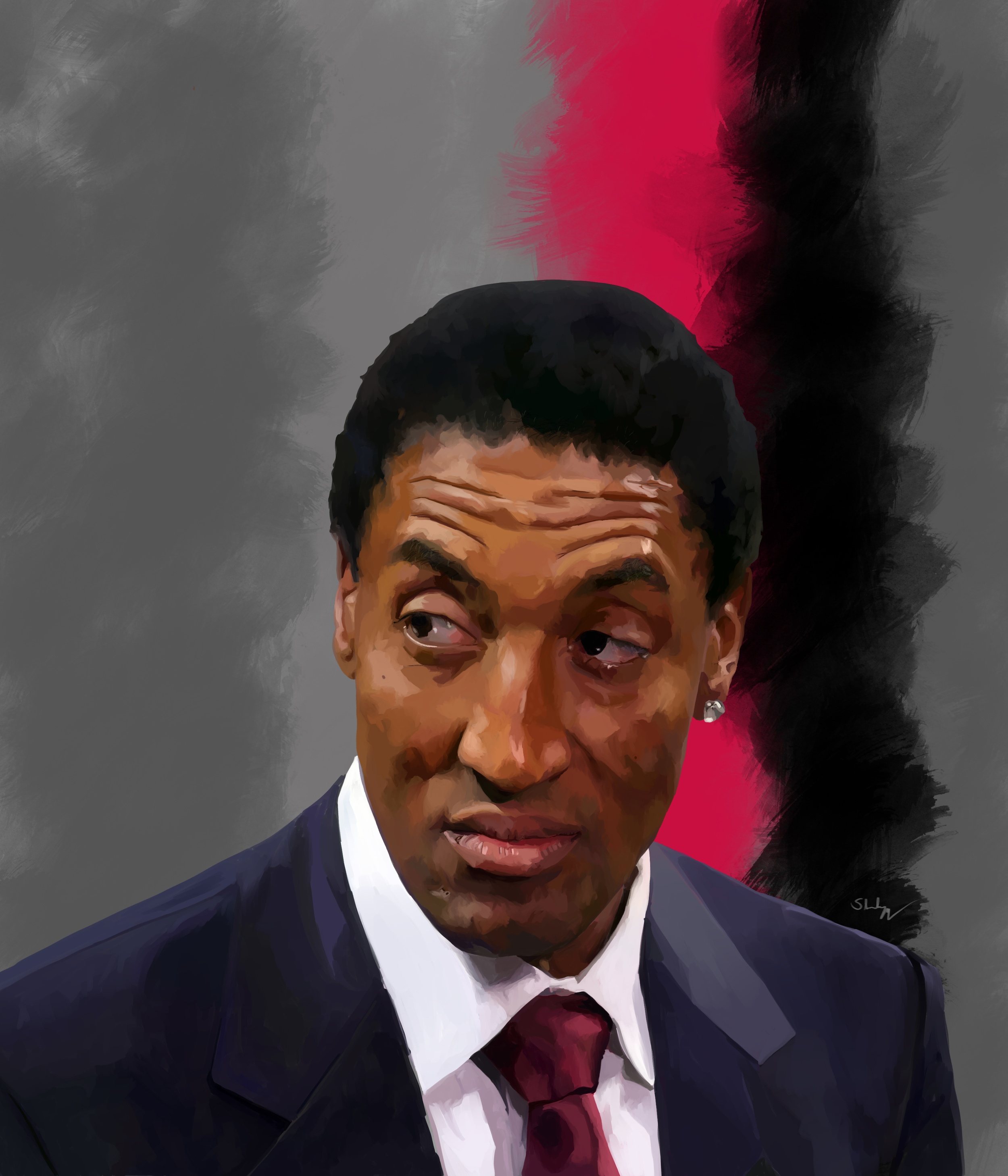 A digital painting of a man wearing a dark suit, white shirt, and maroon tie, with a smirk and looking to his left, against a background with gray, black, and pink brushstrokes.