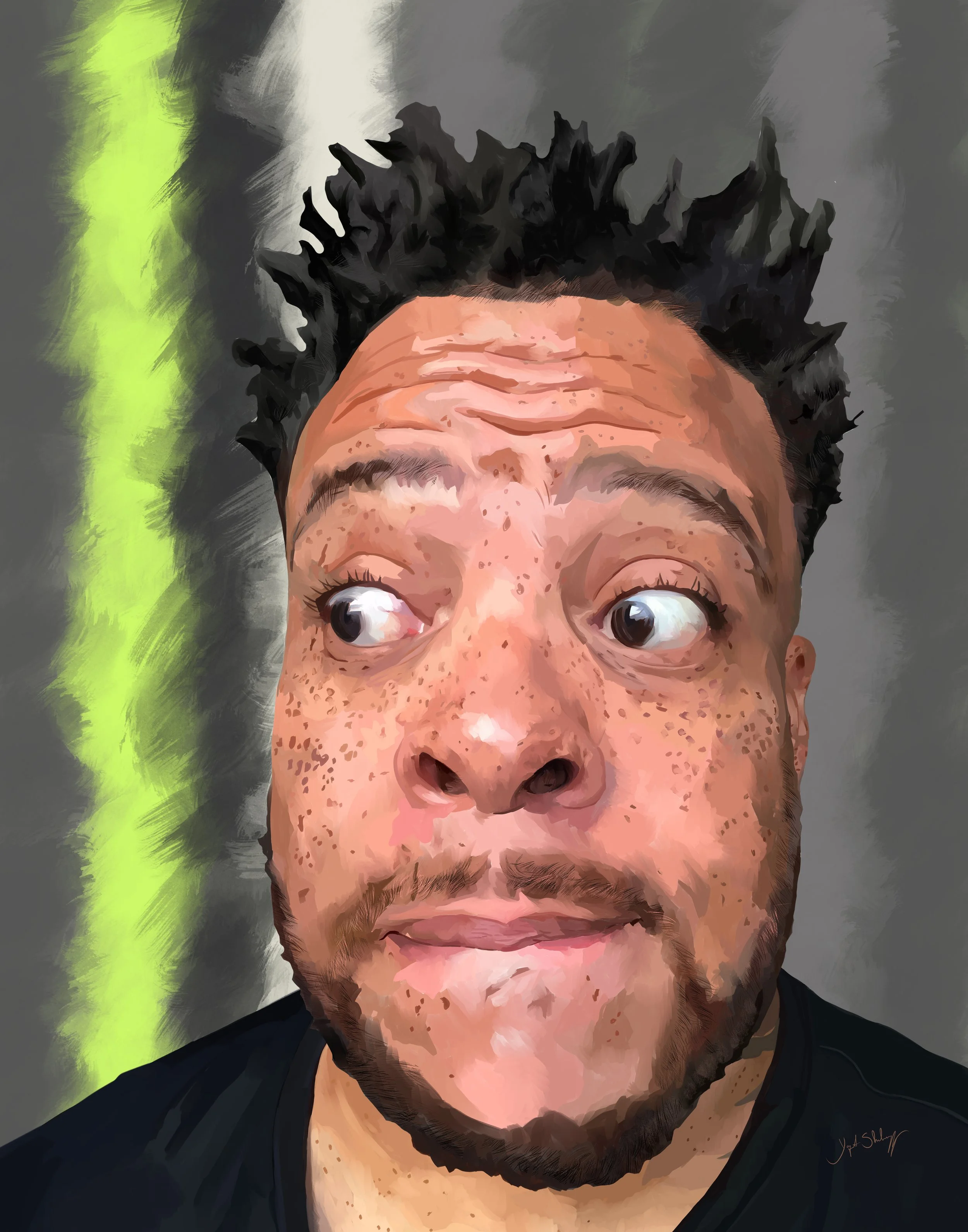 A digitally edited portrait of a man with spiky black hair, freckles, and a beard, making a silly face with eyes looking to the side and lips puckered.