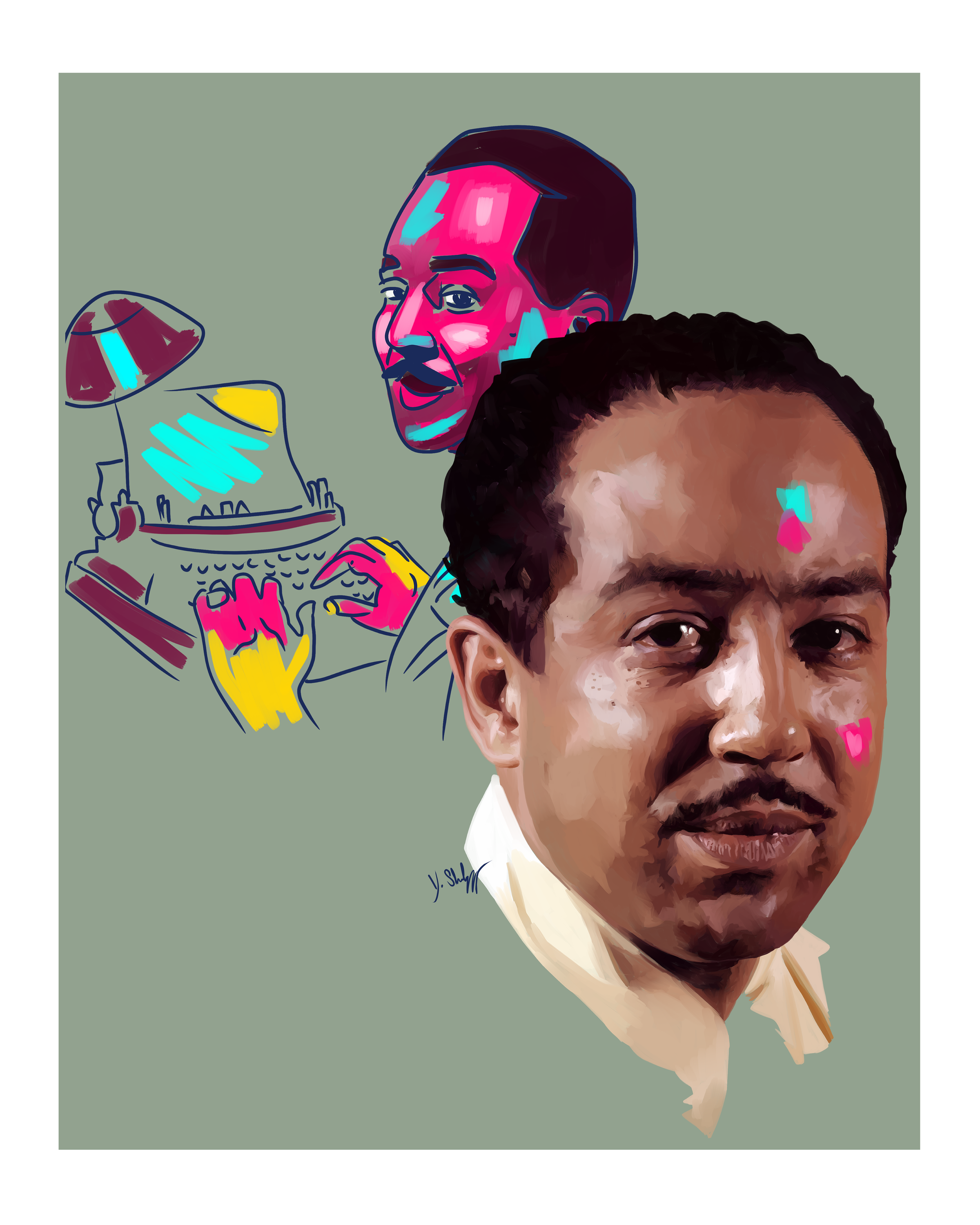 Digital illustration featuring two men, one in a realistic style and the other in a colorful, abstract style, with a light green background.