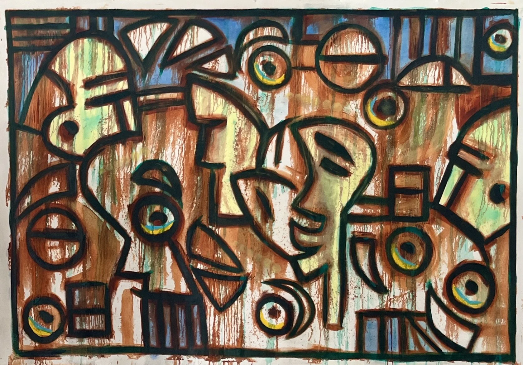 Colorful abstract artwork featuring various geometric shapes and eye motifs with bold black outlines on a brown, green, blue, and yellow textured background.