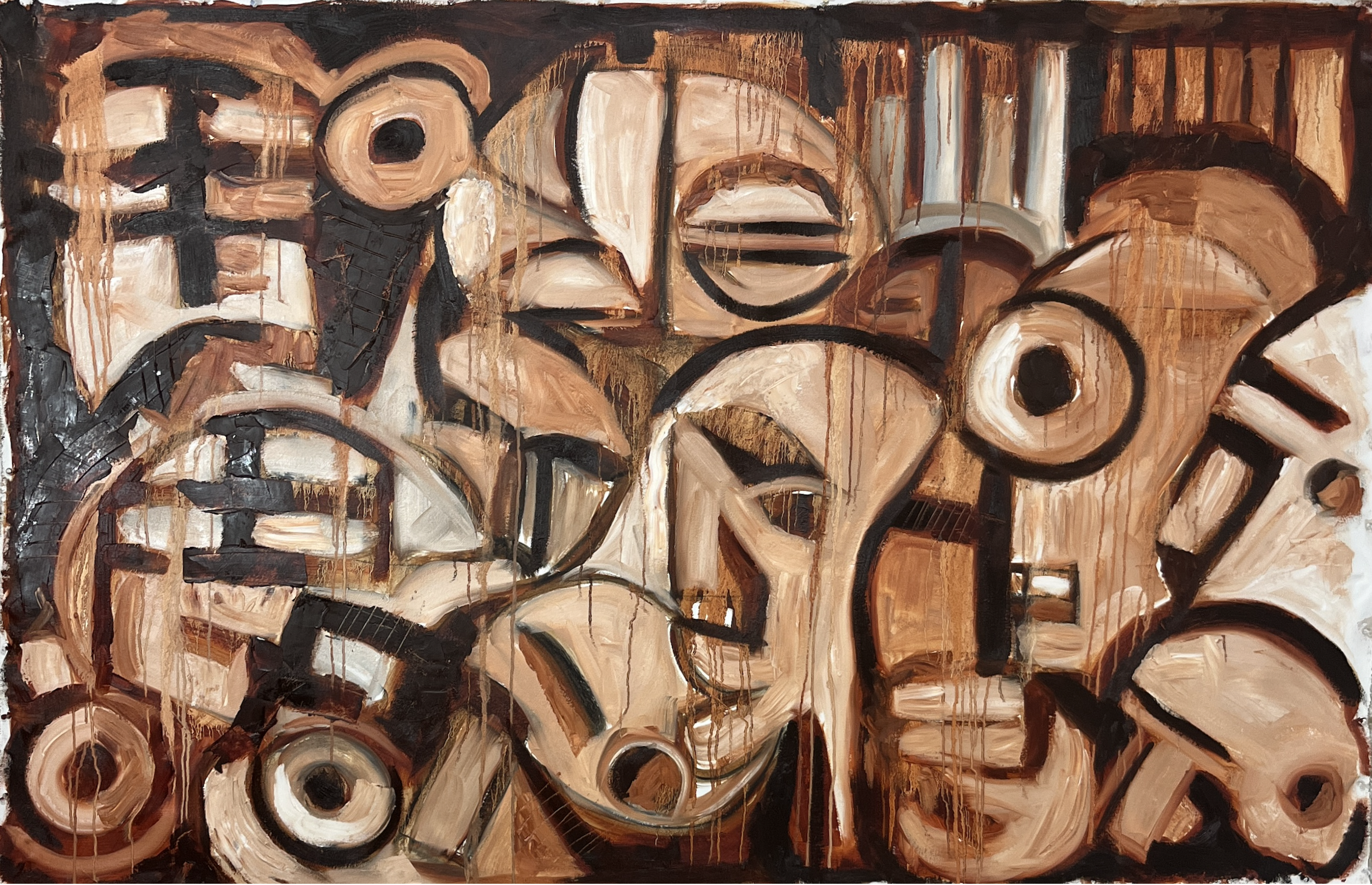 An abstract painting with circular and curved shapes in shades of brown, beige, black, and white, with drips of paint running down the canvas.