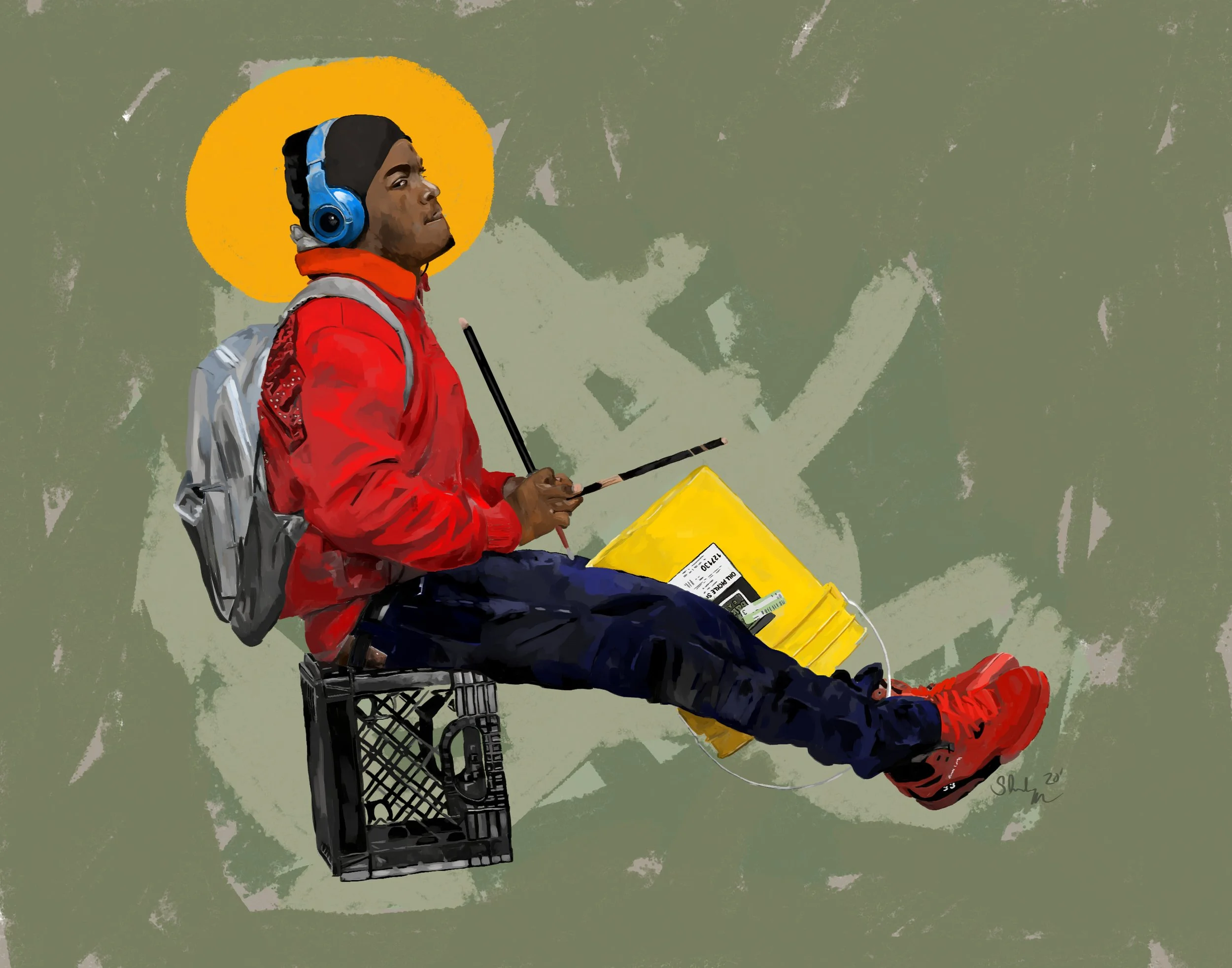 Illustration of a young man sitting on a black crate, wearing a red hoodie, black pants, red shoes, blue headphones, and a gray backpack. He holds chopsticks, has a yellow food container with a white label and a dollar bill on it, and a yellow circle