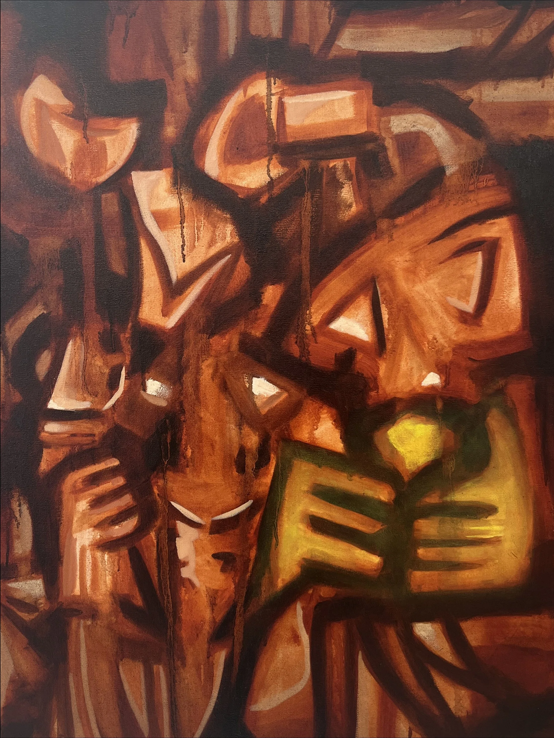 Abstract painting featuring pumpkin faces with black outlines, a yellow light on one pumpkin, and warm autumn hues.
