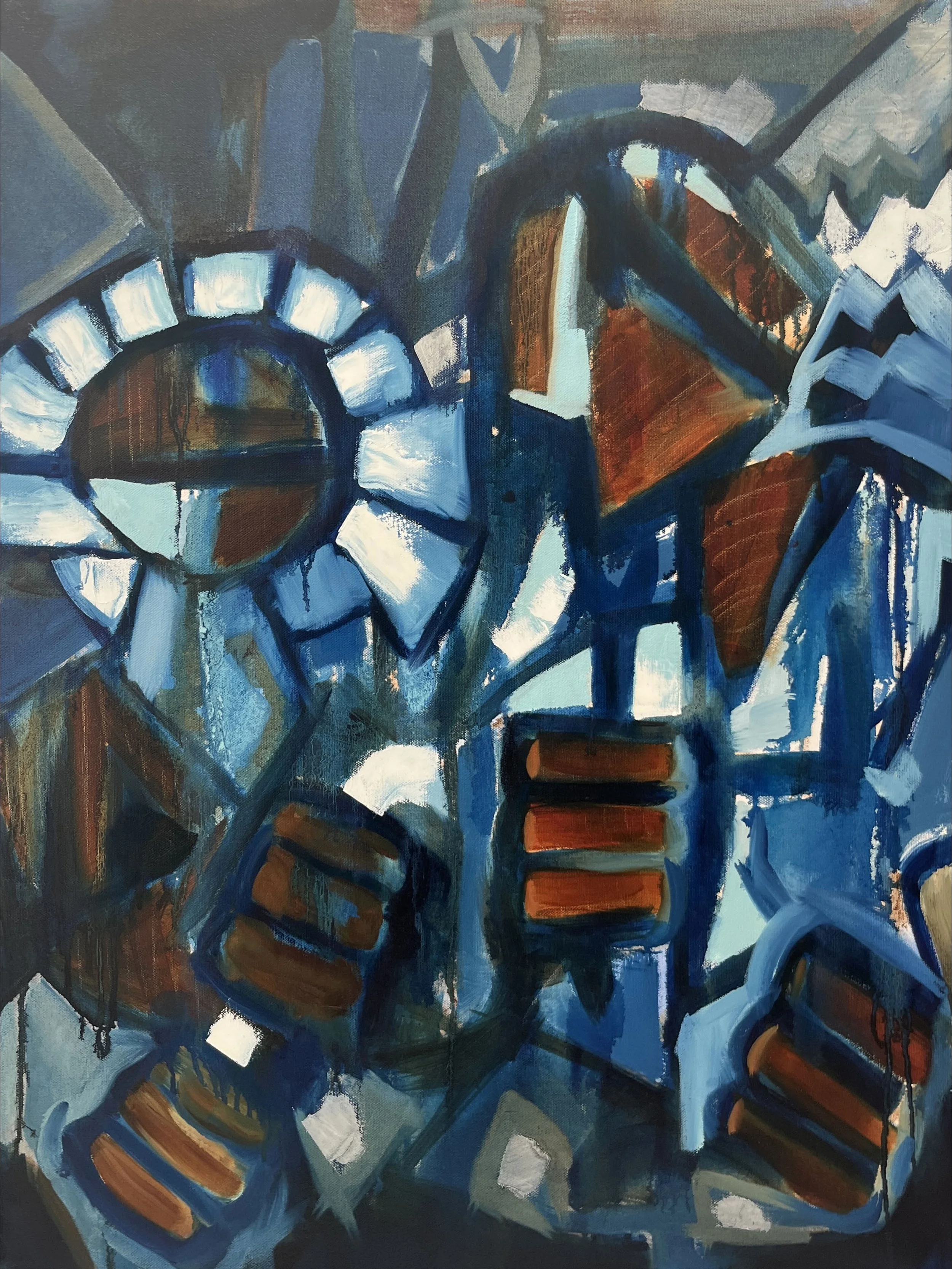 An abstract painting of a Salvador Dalí sculpture in an urban setting, featuring bold colors and geometric shapes.